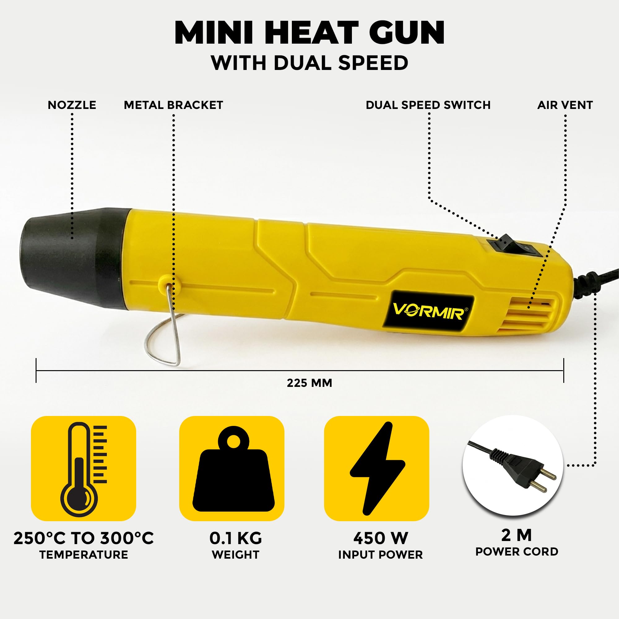 IBELL VORMIR VR HG20-45 Mini Heat Gun 450W | 250–300°C Compact Hot Air Tool for DIY, Craft, Shrink Tubing & Repair Work | Class II Protection | 220-240V Heat Gun - 12 months Warranty 4