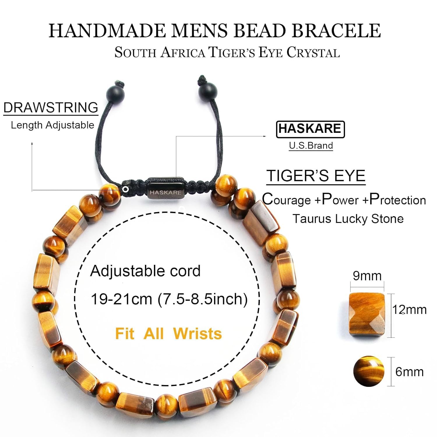 HASKARE Armband Herren Perlen Tigerauge Armbänder, Echtes Naturstein Kristall Herren Armband Steine, Handmade Perlen-Armband Schutz Armband Schmuck Einzigartige Geschenk für Männer
