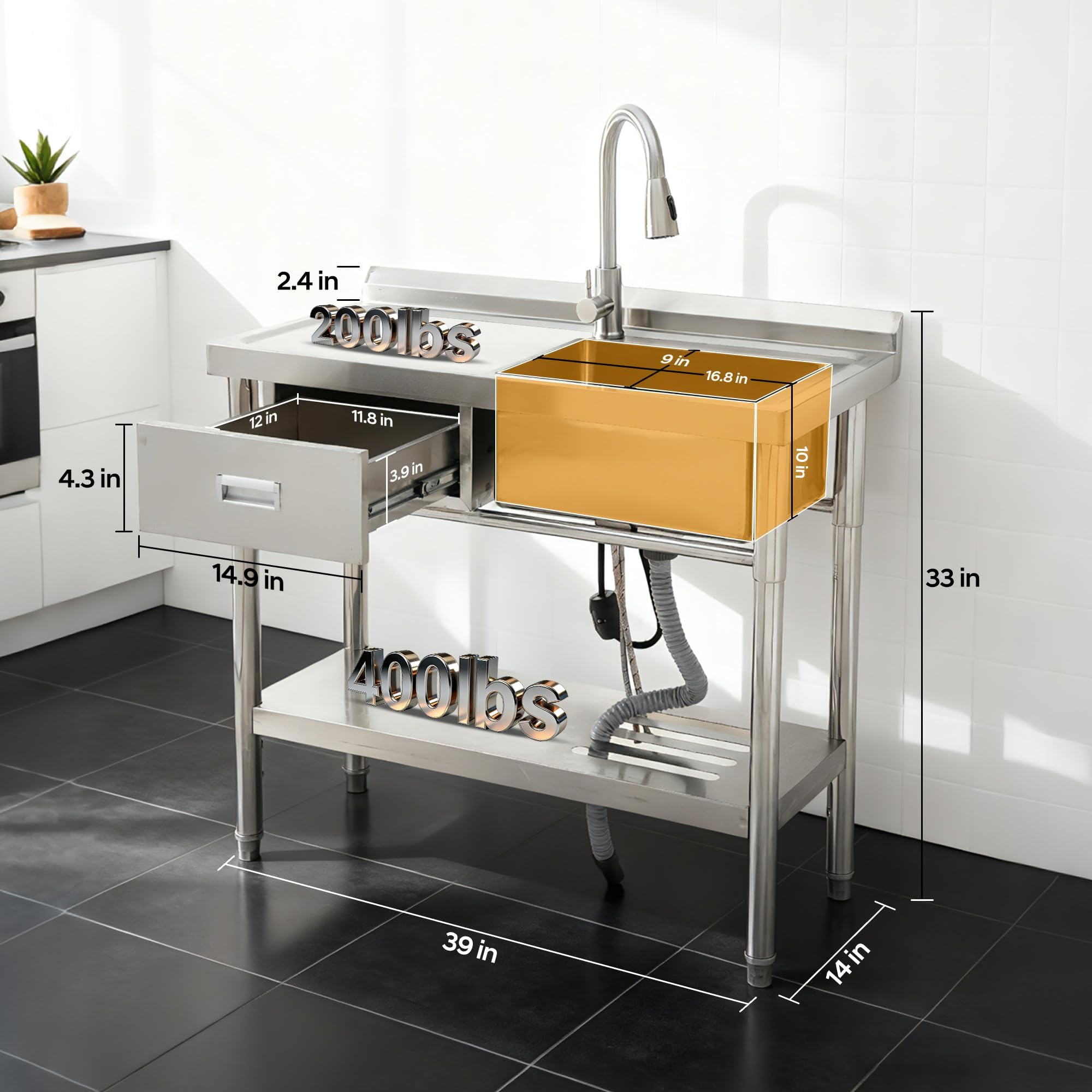 Küchenspüle Edelstahl Freistehend Mit Schublade & Arbeitstisch Waschbecken | Mit Ausziehbarer Armatur, Warm- & Kaltwasseranschluss, Outdoor Spüle Waschbecken Für Outdoor, Küche, Camping