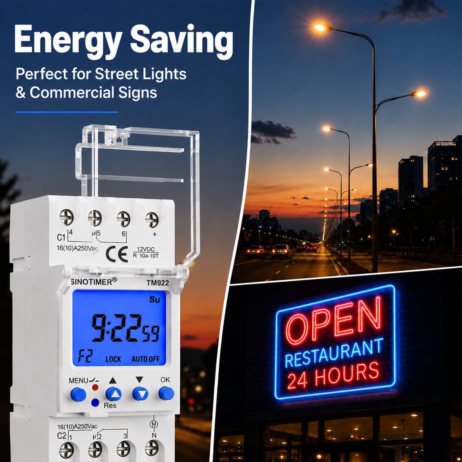 Temporizador programable de 2 canales de alimentación CC/CA de 12 V, pantalla LCD grande, interruptor de tiempo, relé doble, 16 A con retroiluminación azul