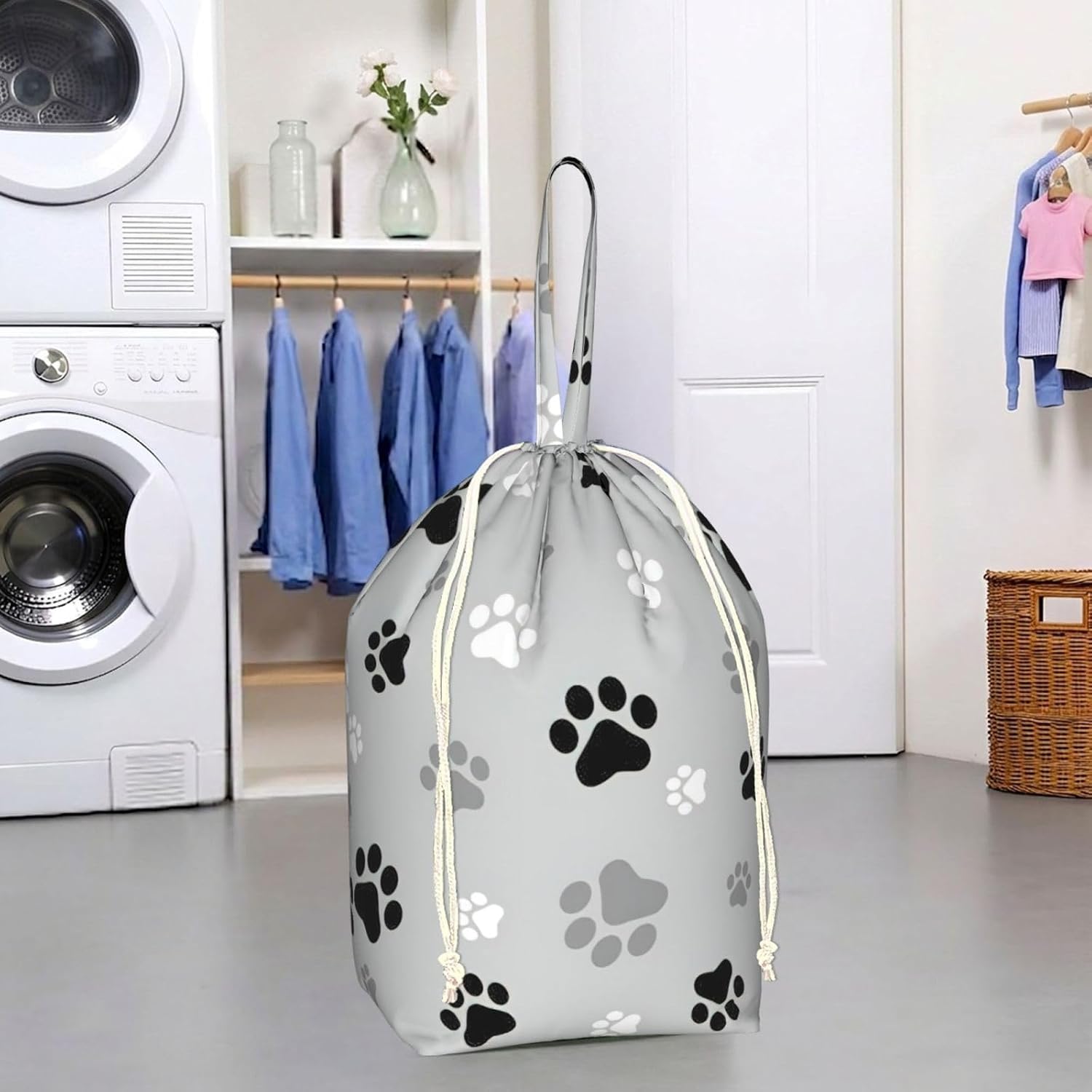 Oxford Animal Paw Prints Print Large-capacity drawstring laundry bag with Handles for Dorm,Hotel