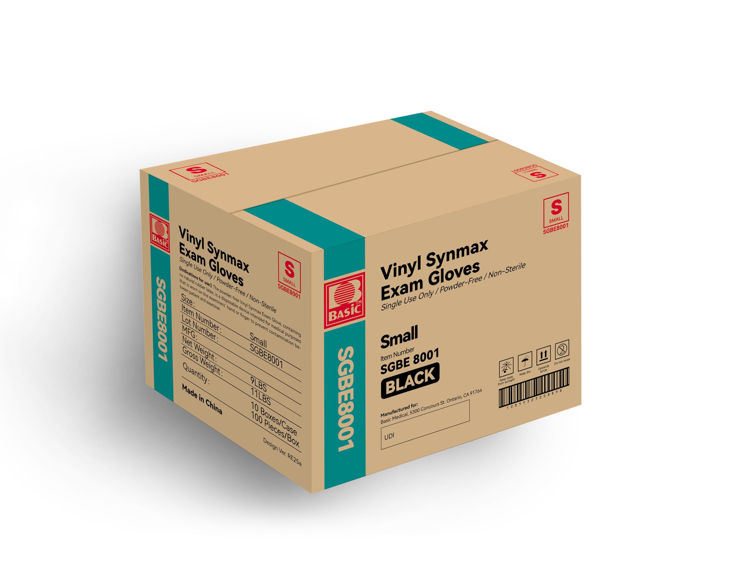 Basic Vinyl Exam Gloves- 4 mil Safty Glove Latex-Free & Powder-Free, SGBE 8001 Synmax Disposable Medical Glove Small (Case of 1000, Black)