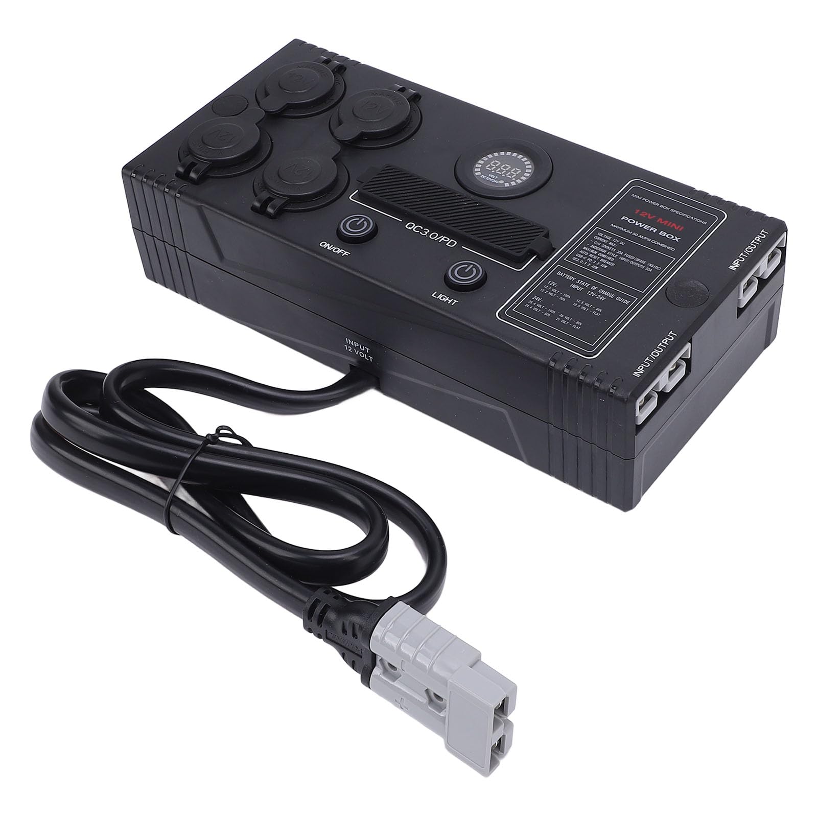 Alimentatore portatile 12V 24V - Hub di controllo multifunzione, porte USB C PD QC 3.0 a ricarica rapida e porte Anderson, interruttore automatico da 50 A, resistente alla polvere