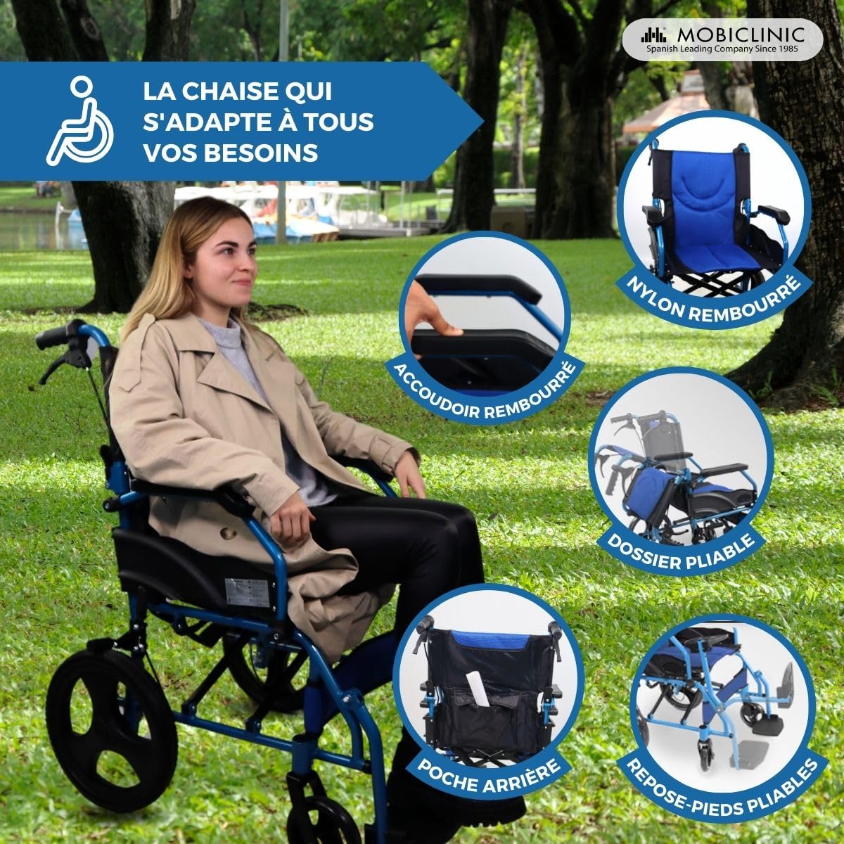 Mobiclinic, Fauteuil roulant de transit, Mod pirámide, Aluminium, Pliable, Frein sur poignées, Pour personnes âgées, Repose-pieds, Accoudoirs, Léger, Siège 46 cm,