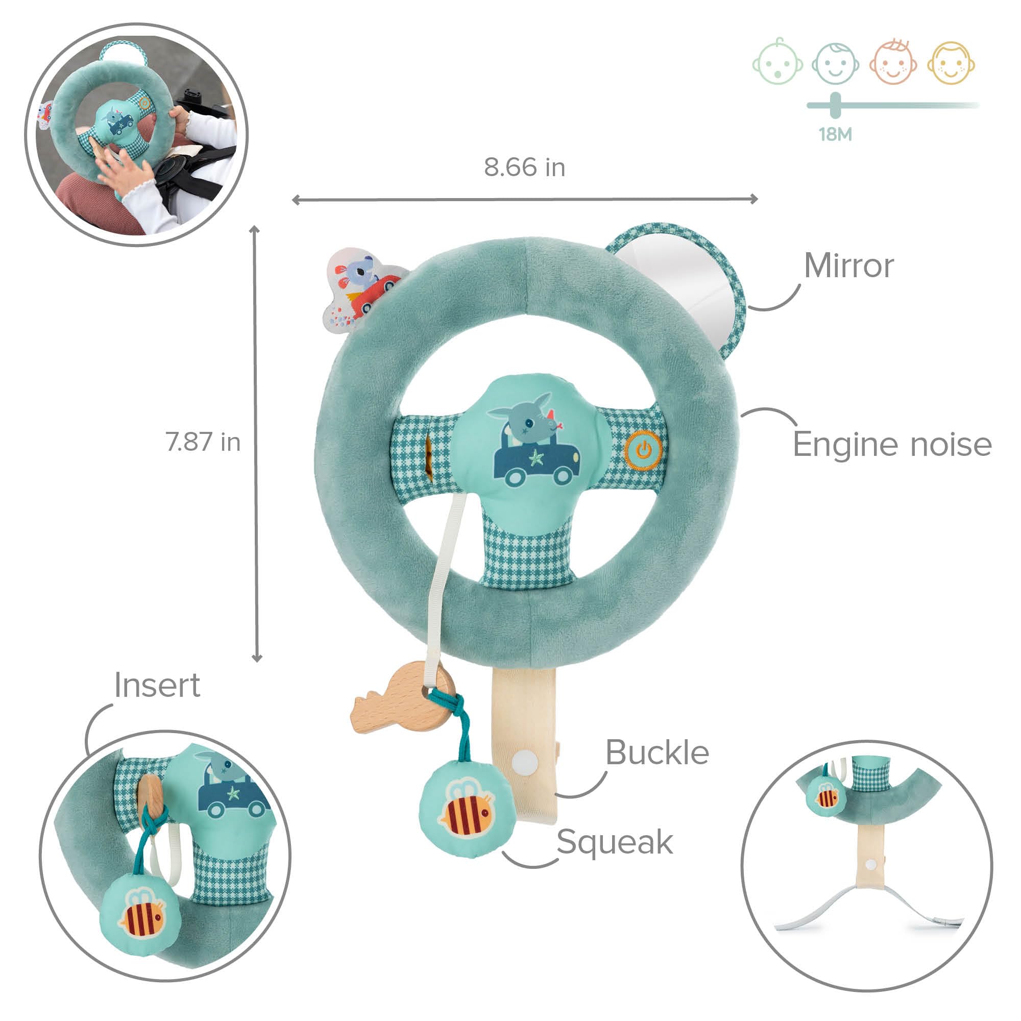 Lilliputiens - Kinderlenkrad Joe - Simulation eines Autolenkens für Kinder - Lenkrad zur Befestigung am Autositzgurt - Stimuliert die Fantasie und Koordination - Ab 18 Monaten - 83512