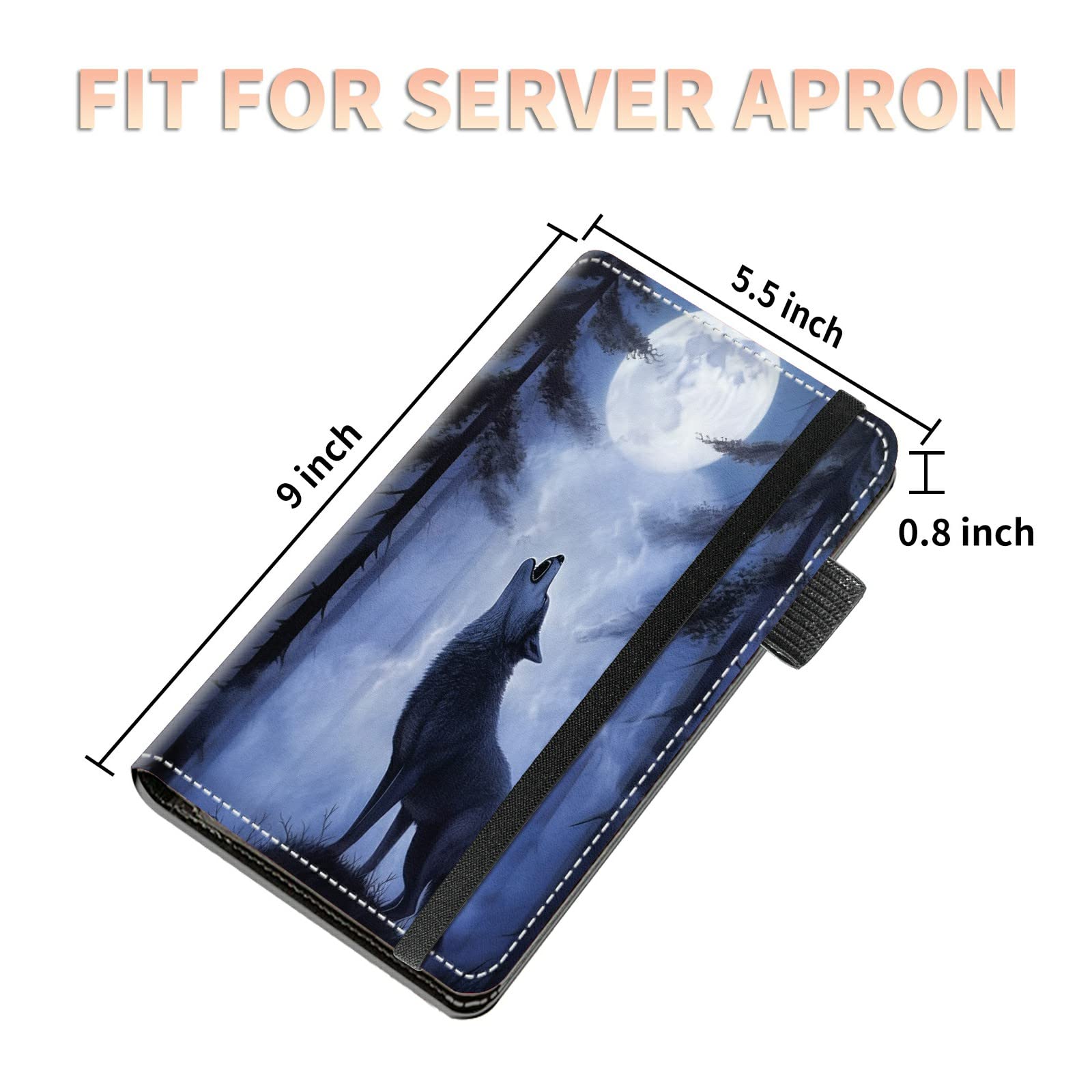 High Volume Server Books, Full Moon Wolf Night Server Book w/ 2 Expandable Pockets 9 x 5 Cute Waitress Book Zipper Pocket & Strap Closure Waitstaff Organizer Server Booklet Waiter Money Wallet