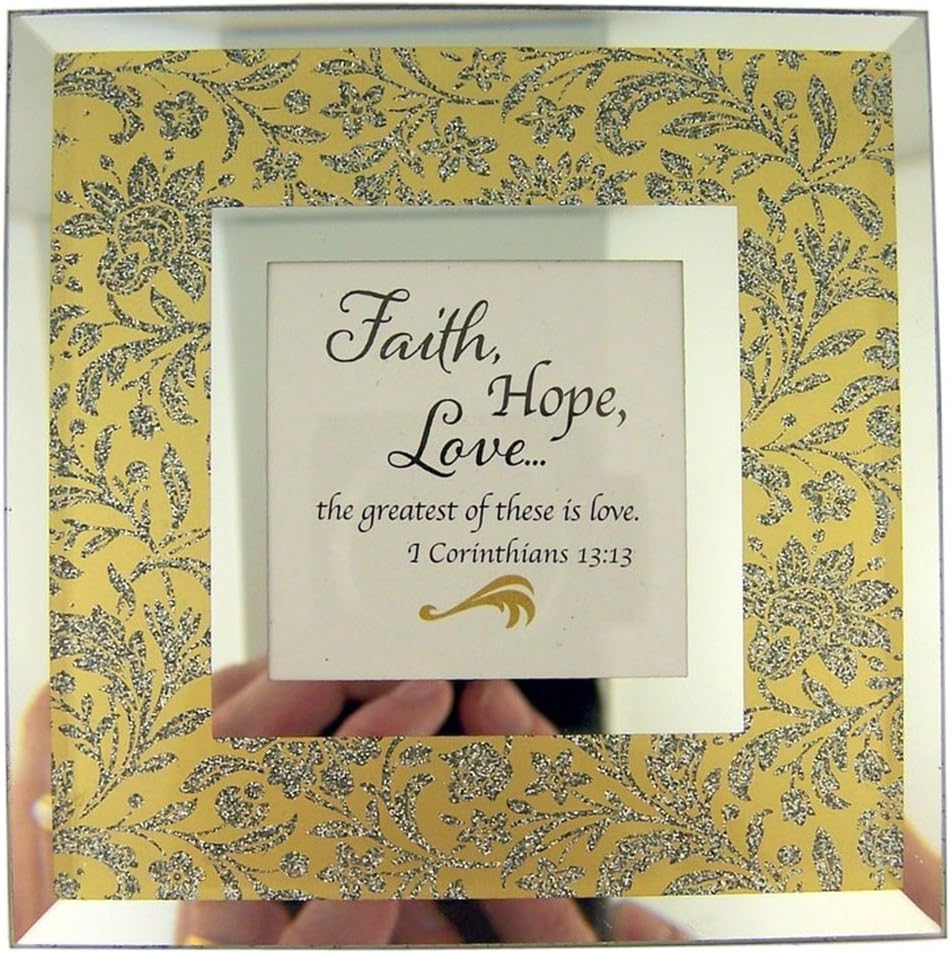 Silver and Gold Glitter Faith, Hope, Love Picture in Glass Tabletop Frame, 4 Inch