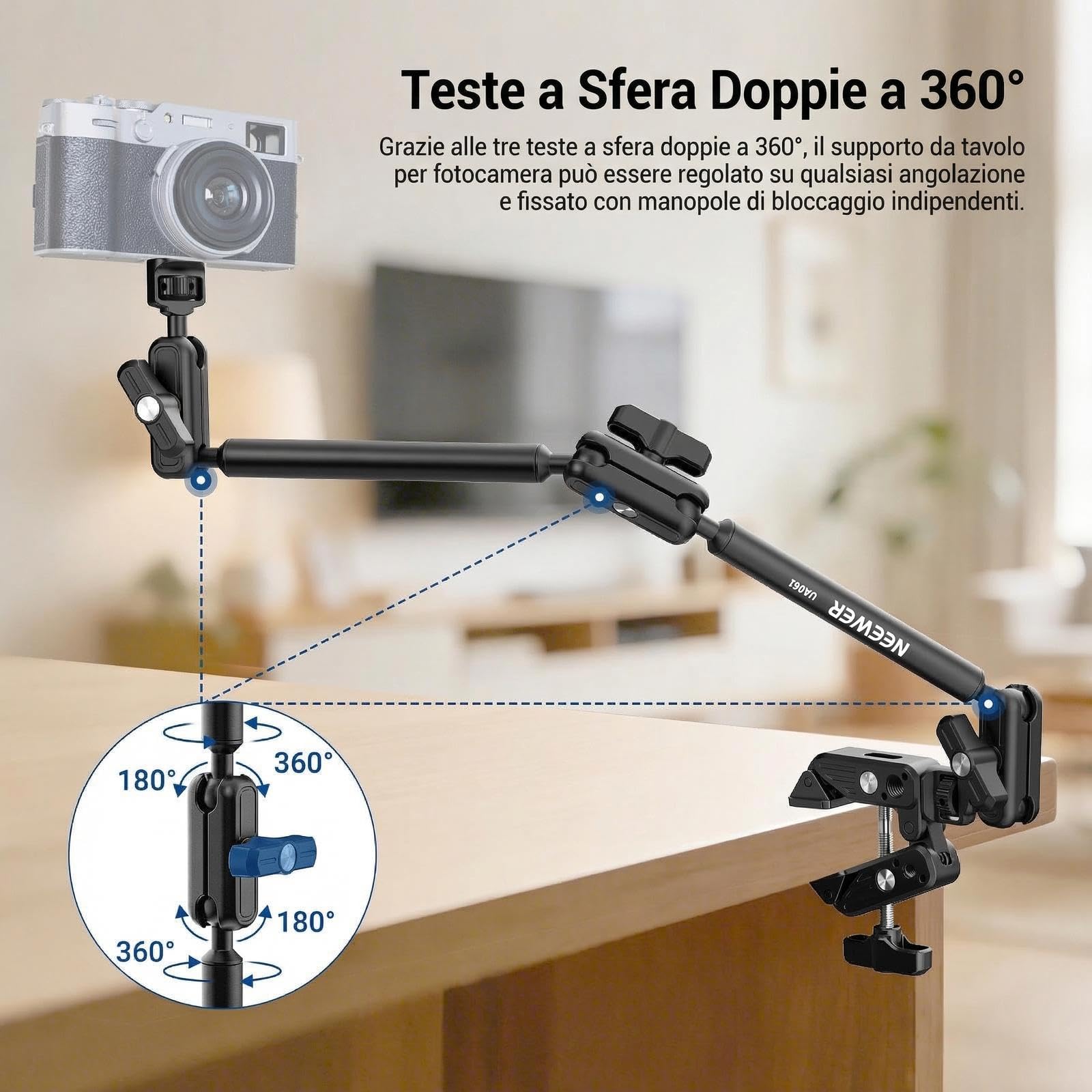 NEEWER BASICS 55cm Magic Arm da Scrivania con Super Clamp, Porta Telefono e Adattatore da 1/4" a 3/8", Braccio Microfono Supporto Overhead Accessori Fotografia per Mic ActionCam Webcam Luce LED, UA061