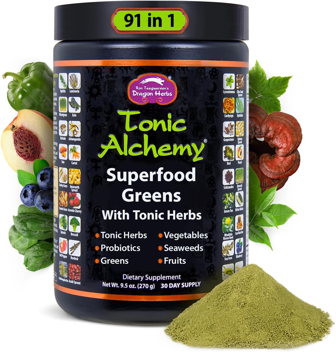 Tonic Alchemy Superfood Greens Powder with 91 Ingredients: Tonic Herbs, Ashwagandha, Mushrooms, Probiotics, Super Greens, Seaweeds, Fruits, Vegetables, Spirulina - 30 Servings