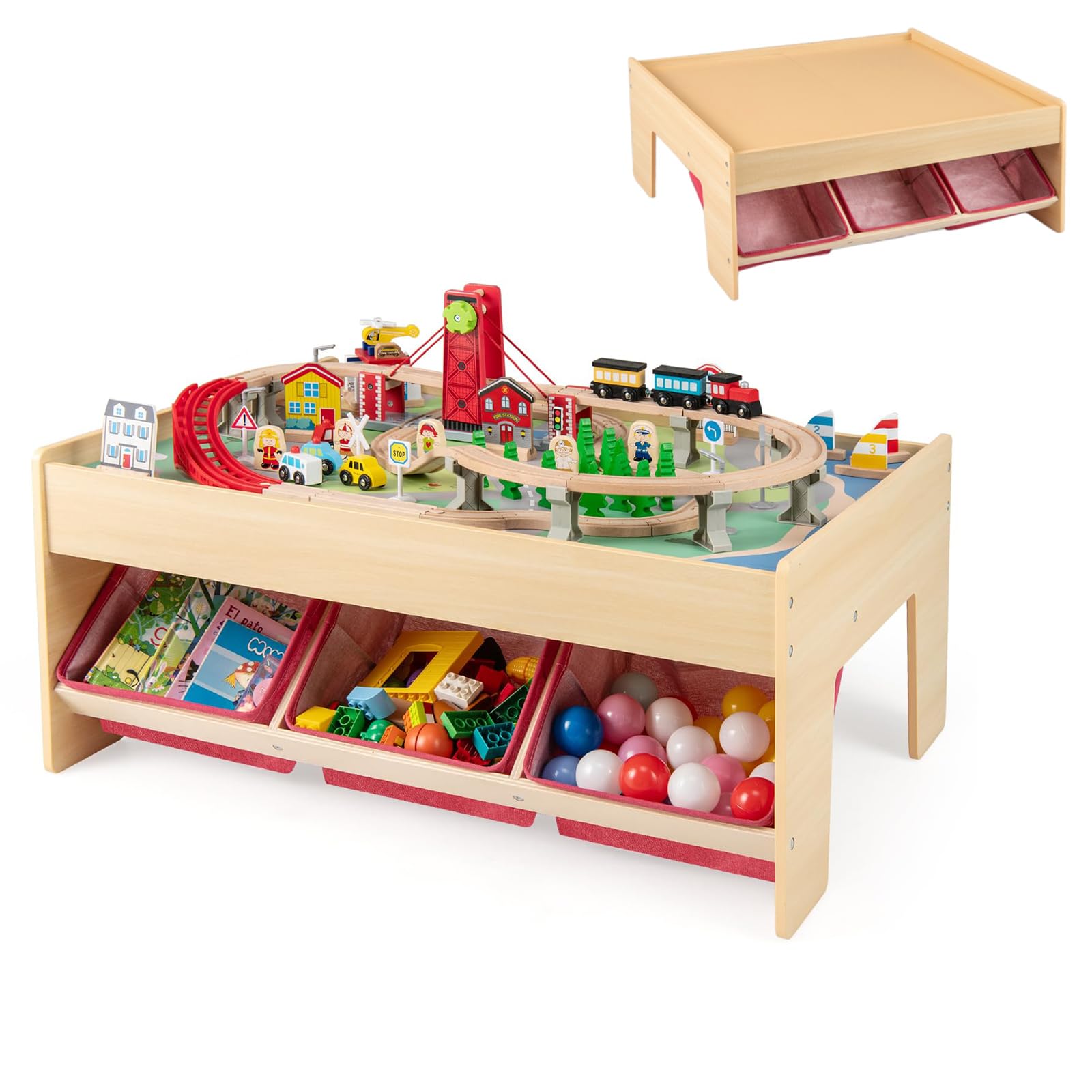 RELAX4LIFE Tavolo con Set Treno in Legno da 92 Pezzi, Tavolo Gioco Multifunzionale con Superfici Reversibili, 3 Contenitori Pieghevoli in Tessuto, Binari, Macchinine, Set Treno per Bambini da 3+ Anni