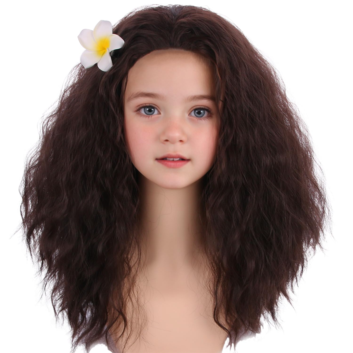 WAVELNM Long Brown Wigs for Kids Girls Dark Brown Curly Wavy Wigs Child Costume Wig with Flower Halloween Wig