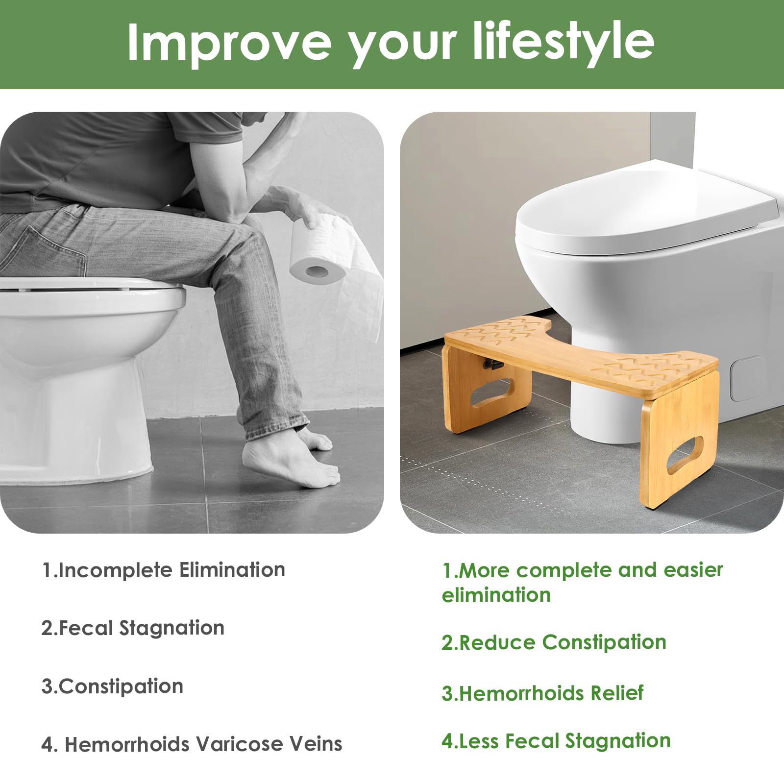 Sgabello WC in bambù, sgabello da 8,5 pollici, per adulti, ergonomico, per adulti e bambini, in legno originale