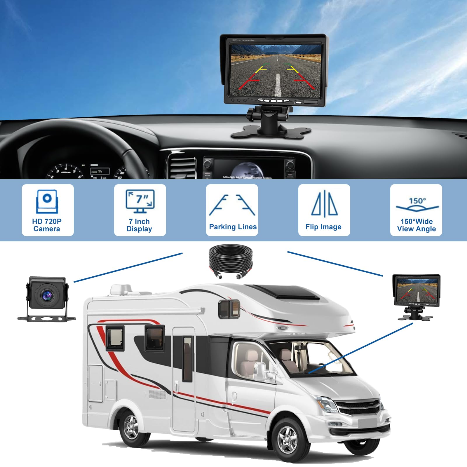 Juego de cámara de visión Trasera Dual con Monitor HD de 7 Pulgadas, visión Nocturna Impermeable IP69, con Cable de 5m/10m/15m para Camión/Remolque/Bús/Van/RV.