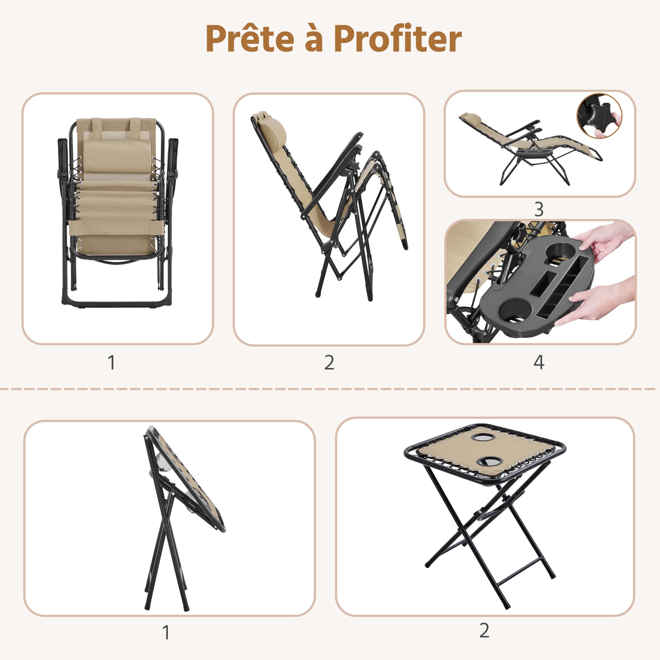 Abician Lot de 2 Chaise Longue Pliable et inclinable, avec Table Pliable Support de Gobelet, Fauteuil Relax Jardin de gravité zéro transat Bain de Soleil, avec Rembourrage de Tête Beige