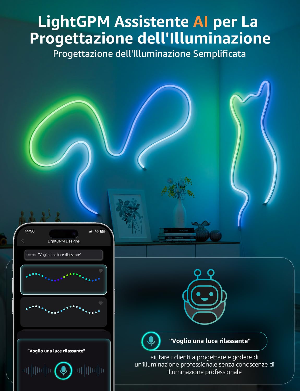 Lepro N1 AI Striscia LED Neon 10M,Compatibile Alexa/google Home,Smart Striscia Neon RGB+IC per Camera da Letto,Controllo Segmentato del Colore,Assistente di Progettazione Illuminotecnica AI