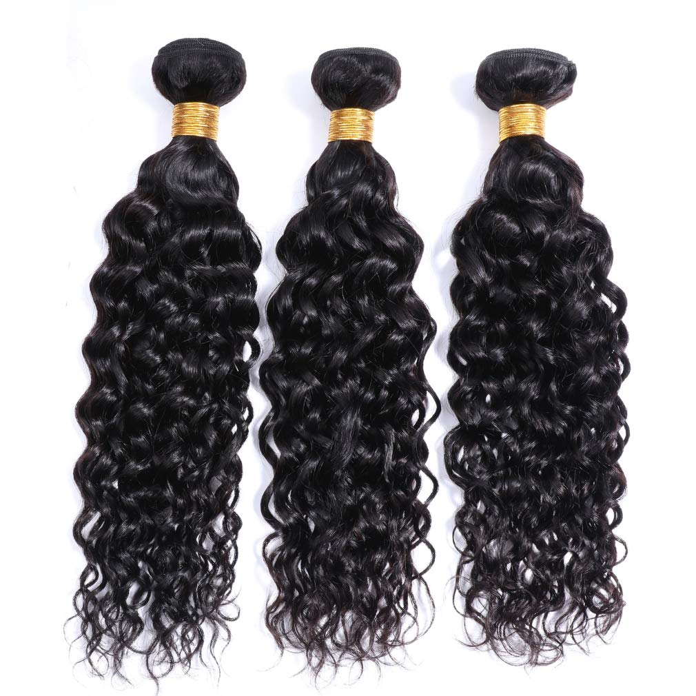 Wet and Wavy Hair Bundles with Closure Brazilian Curly Virgin Hair Bundles Brazilian Water Wave Bundles 3 Bundles with Closure Remy Human Hair Extensions 12 14 16 +10 inch Natural Color Hair