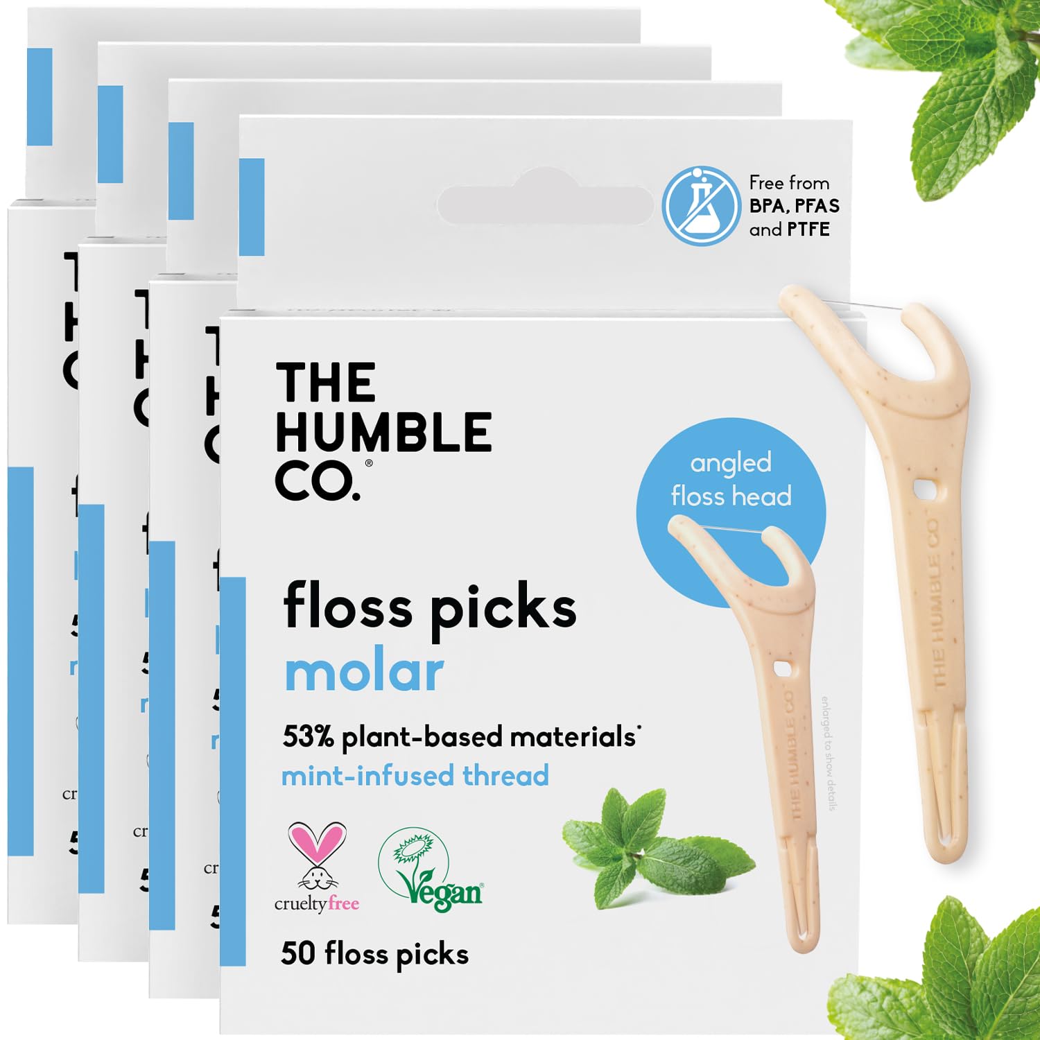 The Humble Co. Floss Picks (200 Count) – Plant Based Dental Floss Picks with Grip Handle for Superior Oral Care, Dental Hygiene, and Gum Health, Cruelty Free Tooth Floss Picks (Mint)