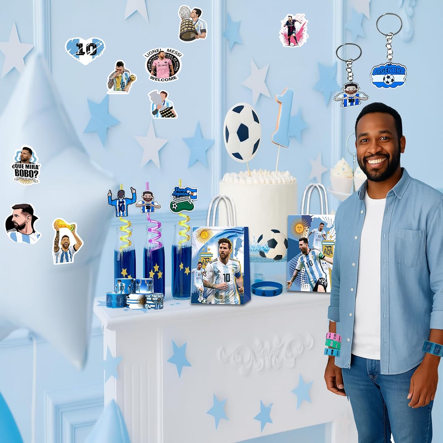 Soccer Star Party Favors Set-122PCS Soccer Decorations Supplies Includes Silicone Bracelets, Keychains, Gift Bags, Straws with Straws Accessories and Stickers for Soccer Fans & Sport Party