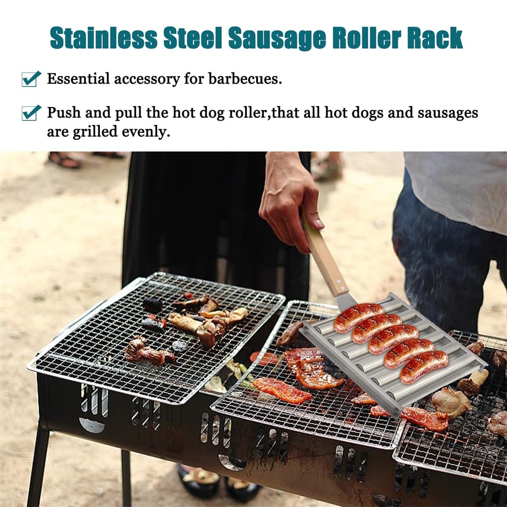 Hot Dog Roller for Grill, Stainless Steel Hot Dog Roller, Outdoor Camping BBQ Griller Roller, Evenly Cooked Hot Dogs, with 4pcs Fork for Family Gatherings, Barbecue Parties (2L+8Fork)