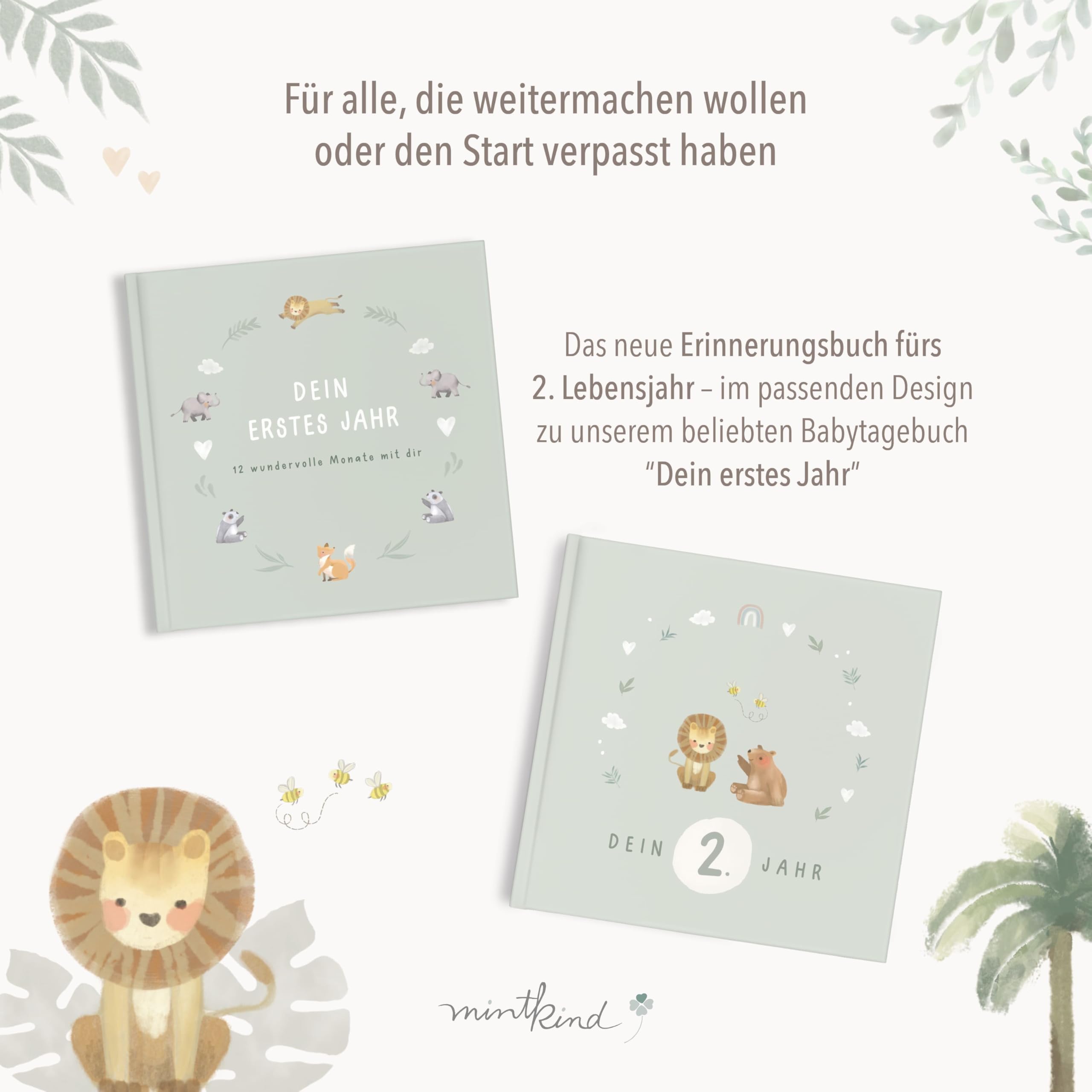 mintkind® Babyalbum zweites Lebensjahr Hardcover Babytagebuch zum Eintragen Erinnerungsbuch und Fotoalbum Baby Geschenkidee für Jungen und Mädchen liebevoll gestaltetes Babybuch Salbei