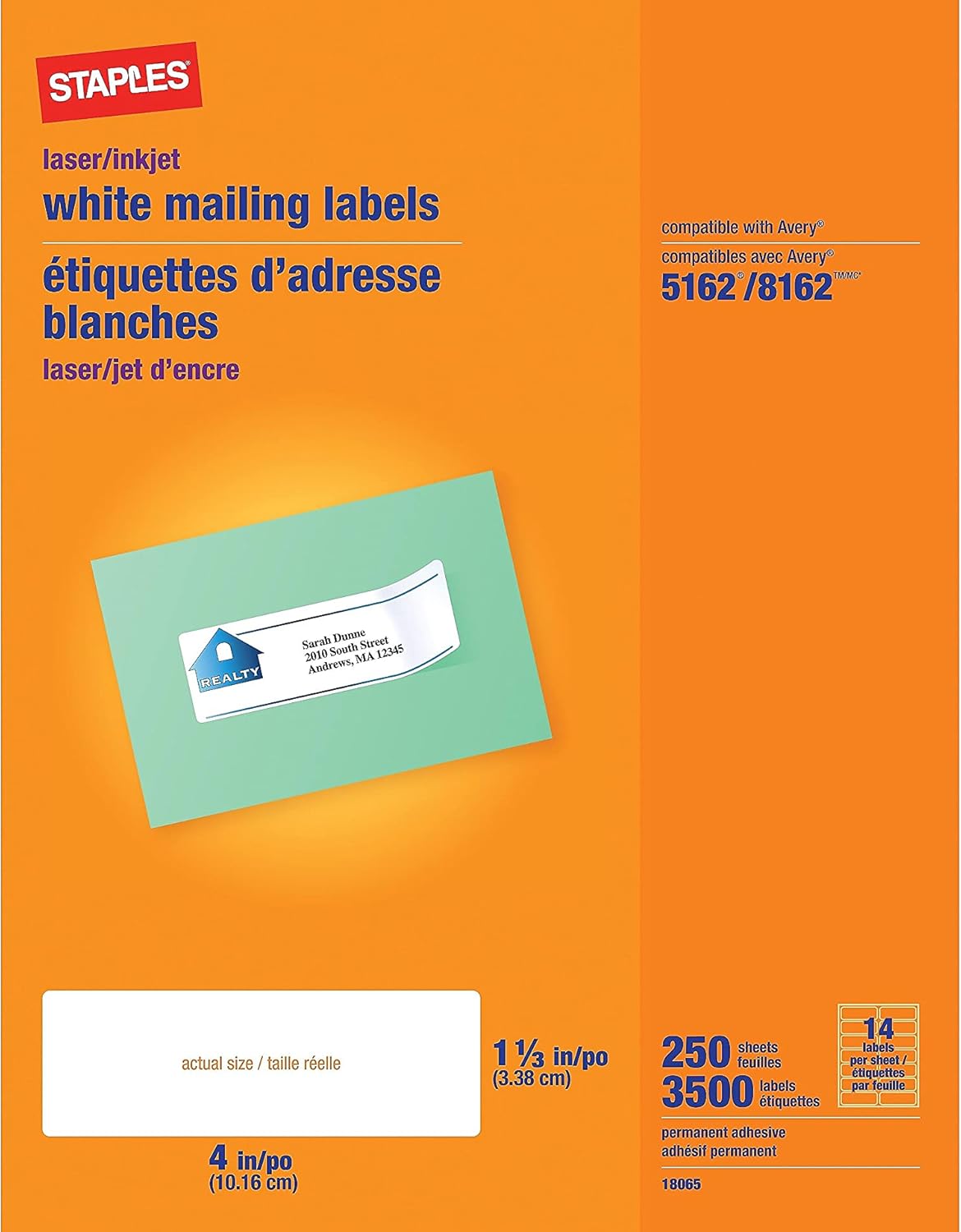 Staples 489563 Laser/Inkjet Address Labels 1 1/3Inch x 4