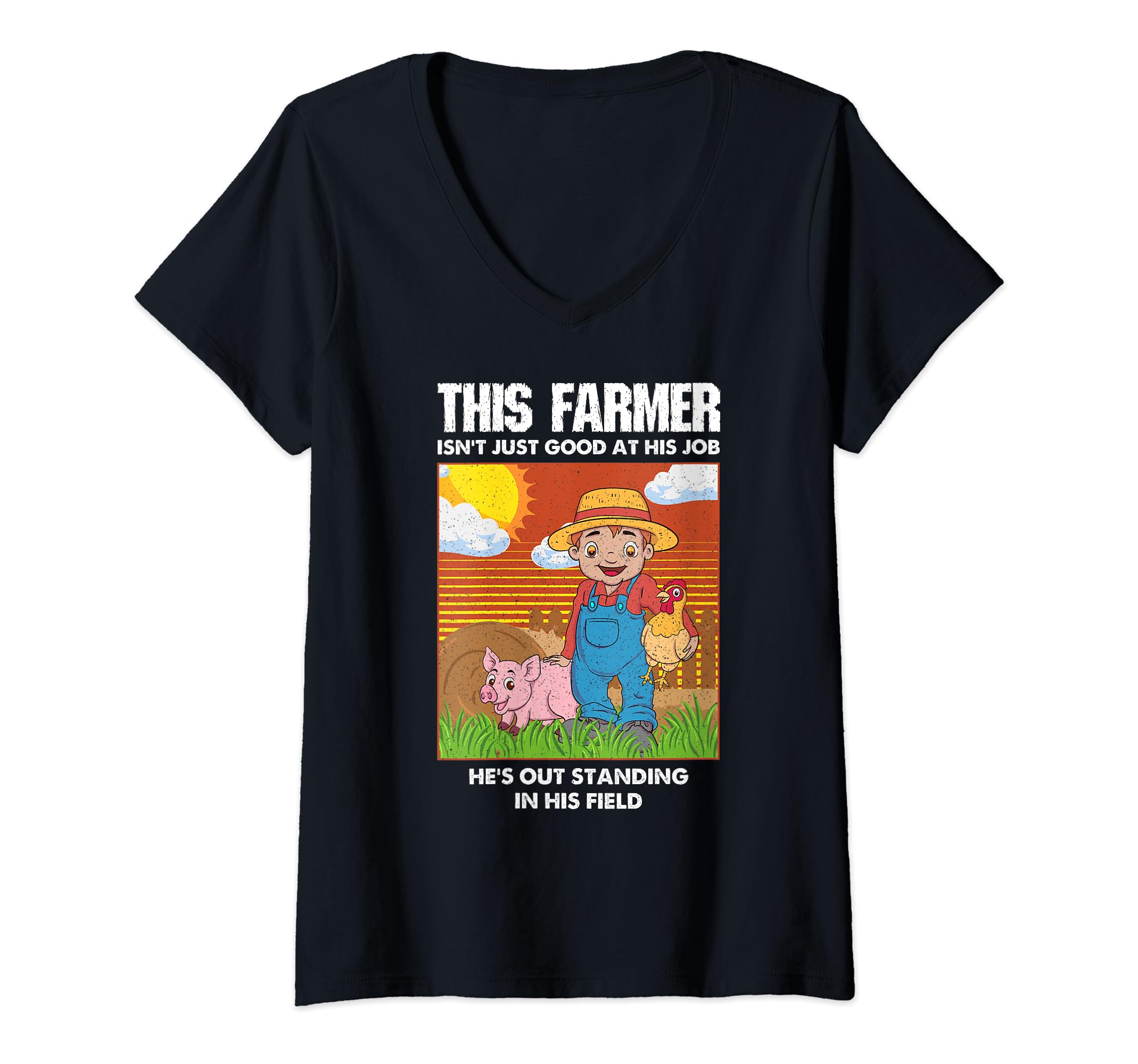 Farmers Pets by NLTSCute Farmer With A Pig And A Hen Out Standing In His Field V-Neck T-Shirt