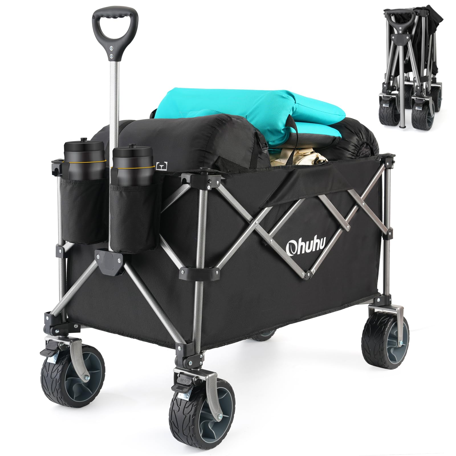 Carro Playa Plegable con Ruedas Grandes 200L, Carro Plegable Utilitario Carrito Camping Transporte para Jardín, Carro Portátil hasta 200 kg, Gran Vagón Plegable con Manija Ajustable & Bolsillos