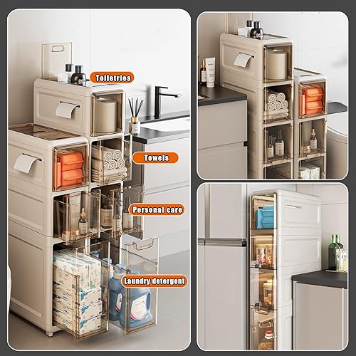 Miniatura 3 de Carrito de almacenamiento delgado y rodante, organizador de baño de 4 niveles, estantería móvil, carrito de almacenamiento, estante de torre para