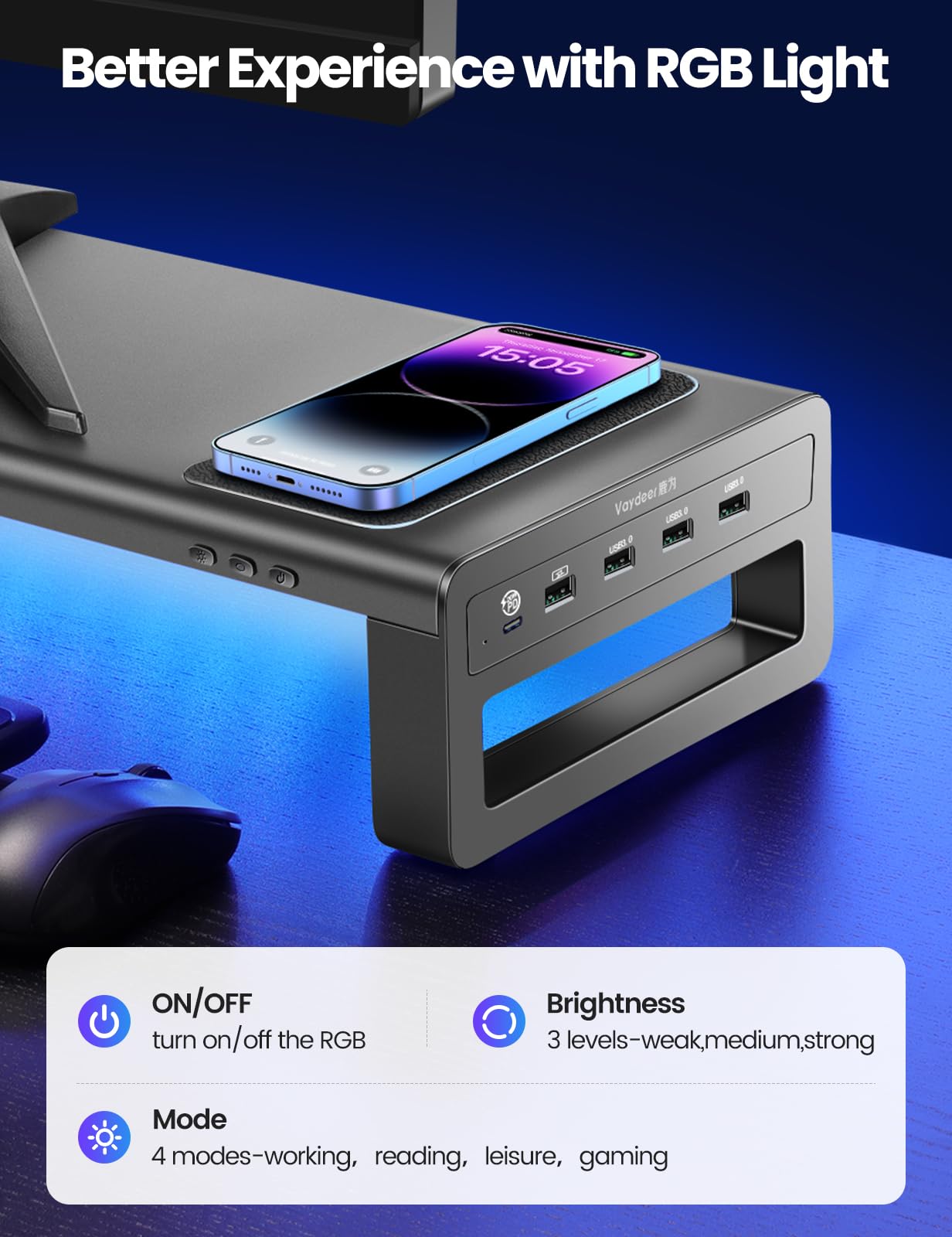 Vaydeer Podwójny Uchwyt na Monitor z Bezprzewodowym Ładowaniem i 4 Hub USB 3.0 - Aluminiowy Uchwyt dla 2 Monitorów do 32 Cali, Komputer, Laptop - Czarny | Bezprzewodowe ładowanie, do monitorów do 32 cali, do komputera i laptopa, czarny