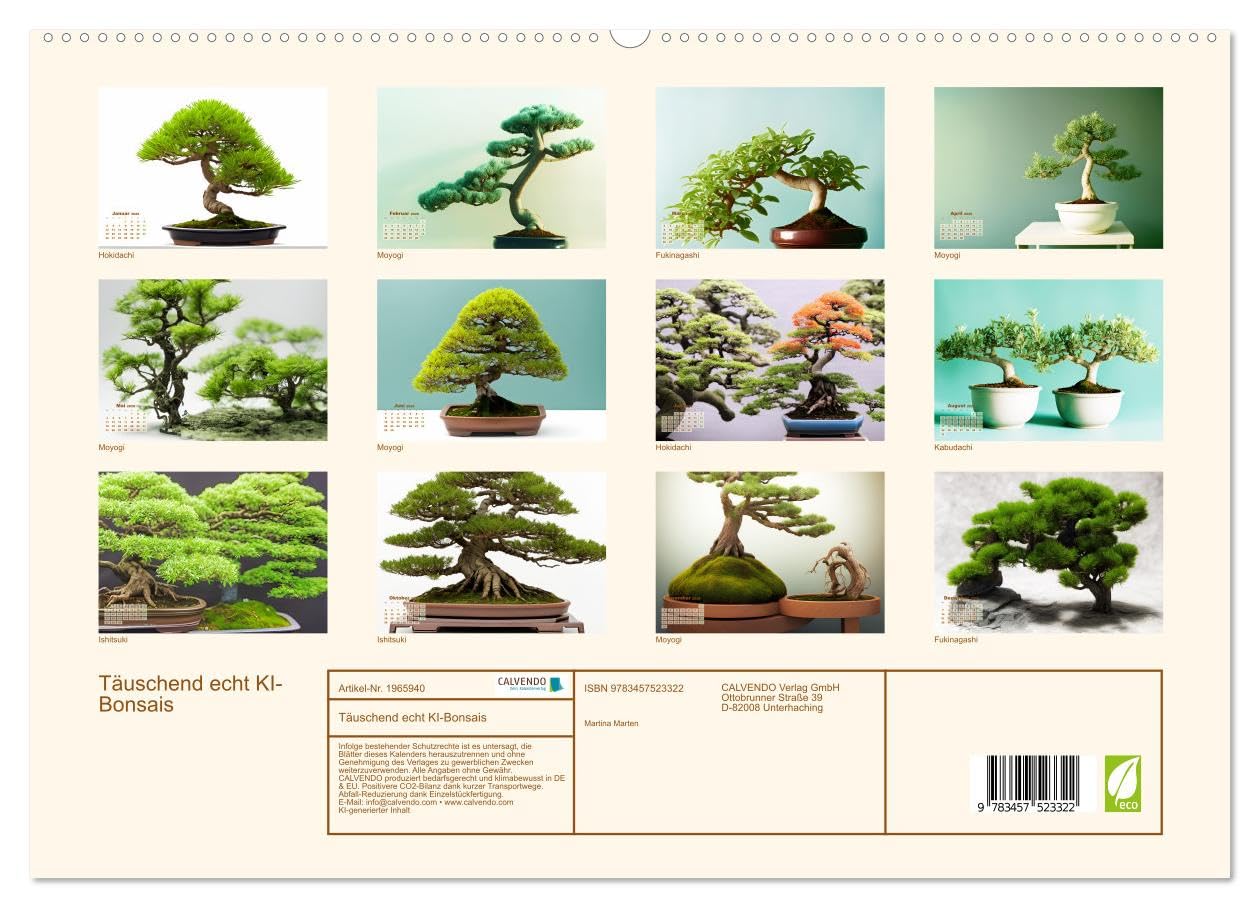 Täuschend echt KI-Bonsais (hochwertiger Premium Wandkalender 2026 DIN A2 quer), Kunstdruck in Hochglanz: Bonsaibäume stellen ursprünglich eine ... und Kunstform dar. (CALVENDO Natur)