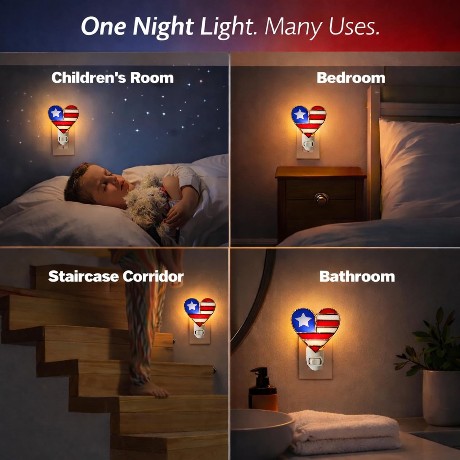 American Flag Night Light - Patriotic Heart Shaped Plug in Stained Glass Nightlight -Ideal for Independence Day & Memorial Day from SassyXpressions