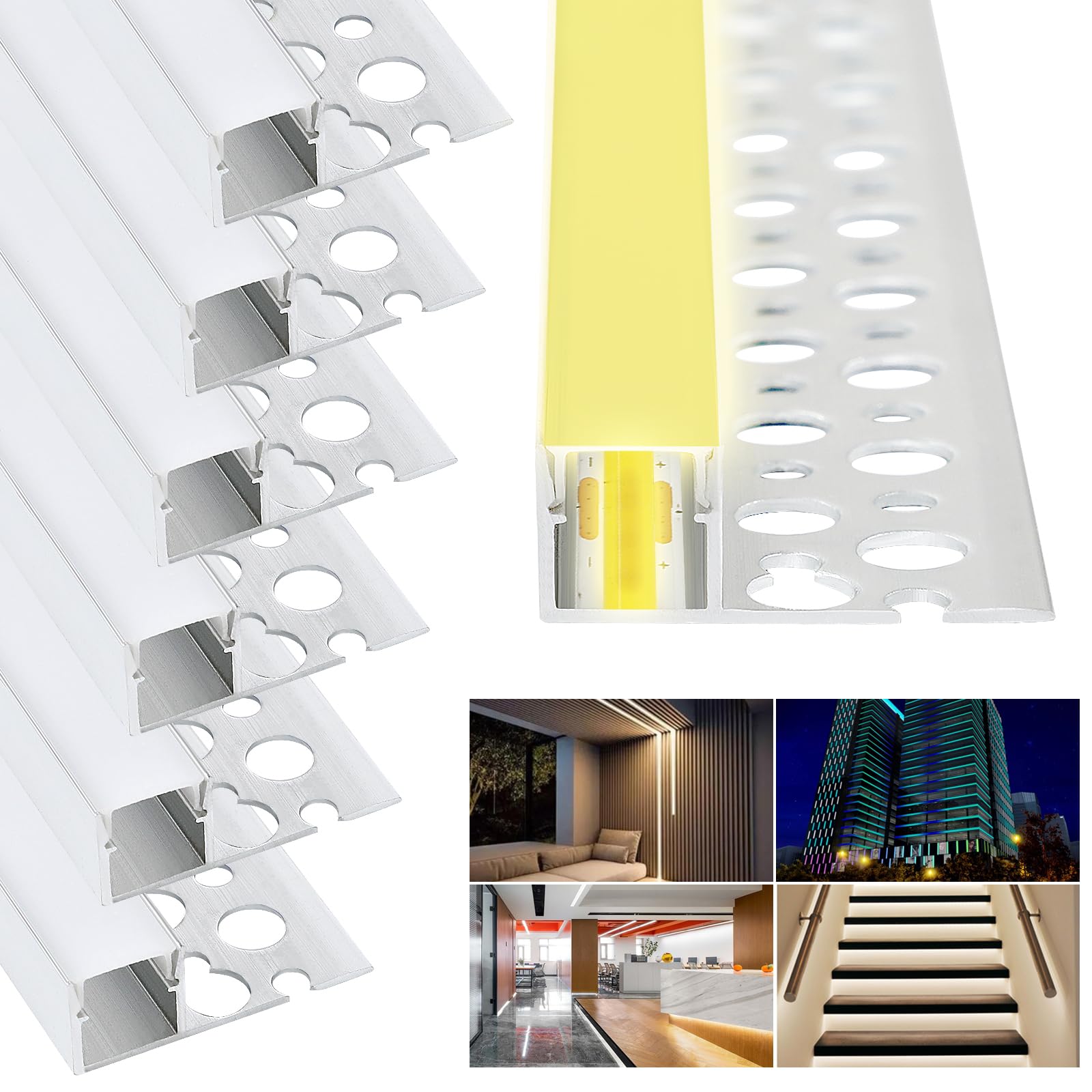 Profilé LED,6×1M Profilé Alu pour Ruban LED,Rail LED avec Diffuseur,Profilé led Encastrable Placo,Compatible Bandes led ≤10 mm