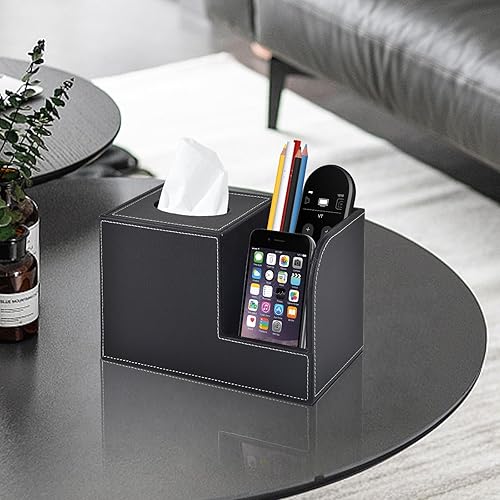 Miniatura 6 de Funda de piel sintética para caja de pañuelos de baño, organizador cuadrado multifuncional con 2 compartimentos, soporte para control remoto, color