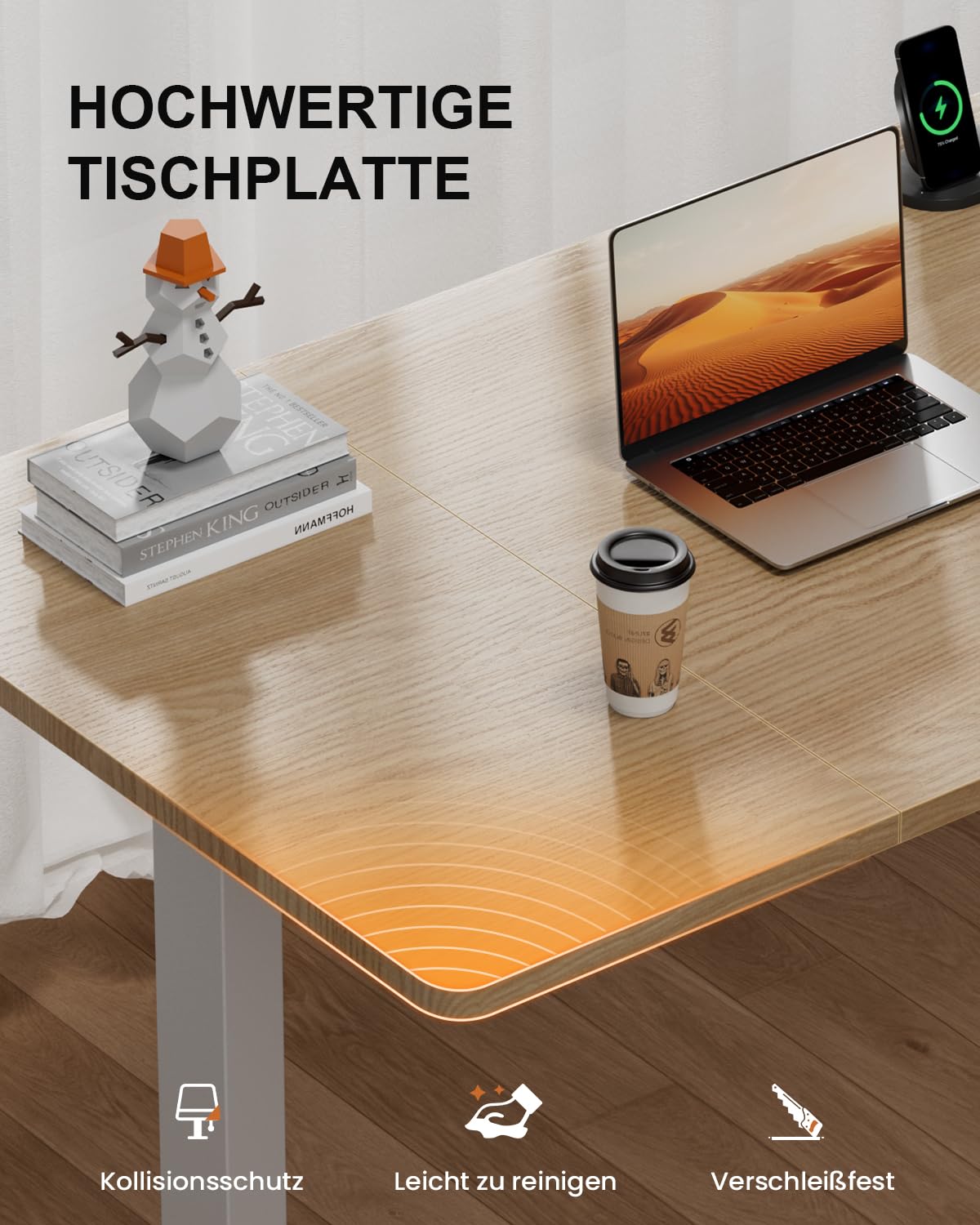 HLONONE Höhenverstellbarer Schreibtisch mit USB-Ladeanschluss und Steckdose, 120 × 60 cm Elektrischer Schreibtisch, Verstellbarer Computertisch mit 2-Funktions-Memory, Ahorn