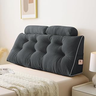 Sasttie Headboard Pillow Queen, Wedge Pillow Headboard for Bed Sitting Up, Back Support Pillows for Reading, Sitting or Working with Detachable 2 Pack Neck Bloster Pillows, Dark Grey