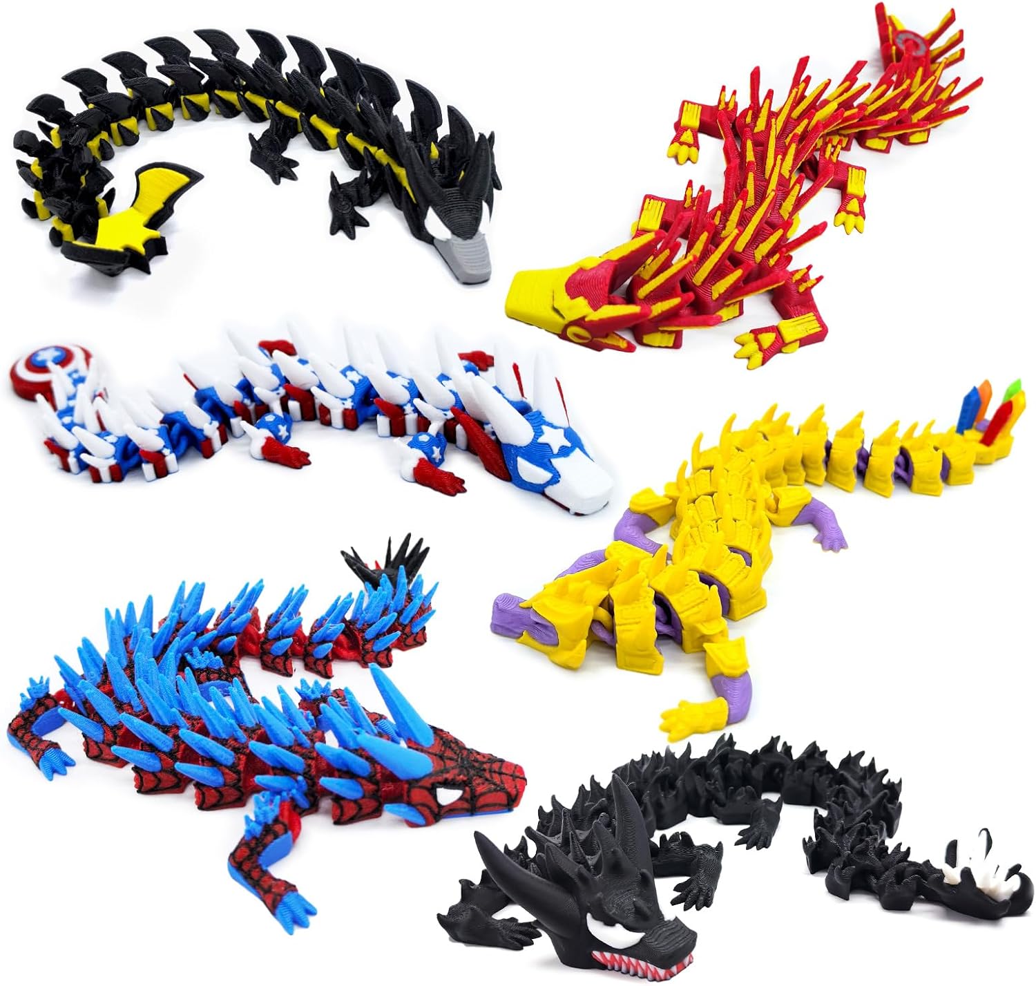 6Pcs 3D Printed Hero Dragon, Superhero Themed Dragons Flexible Articulated Toys, Super Theme Hero Birthday Party Supplies, Stress Relief Fidget Toys for Kids Party Favors Gifts