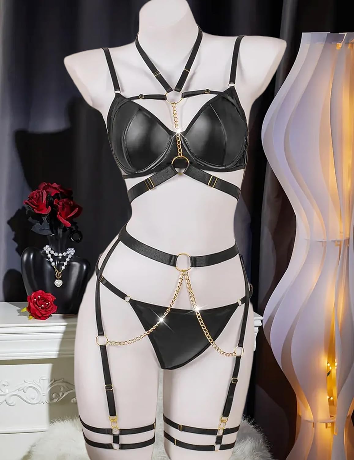 Avidlove Lingerie Set for Women Sexy Strappy 5 Piece Lingerie Garter with Underwire Push Up Bra and Chain - Image 8