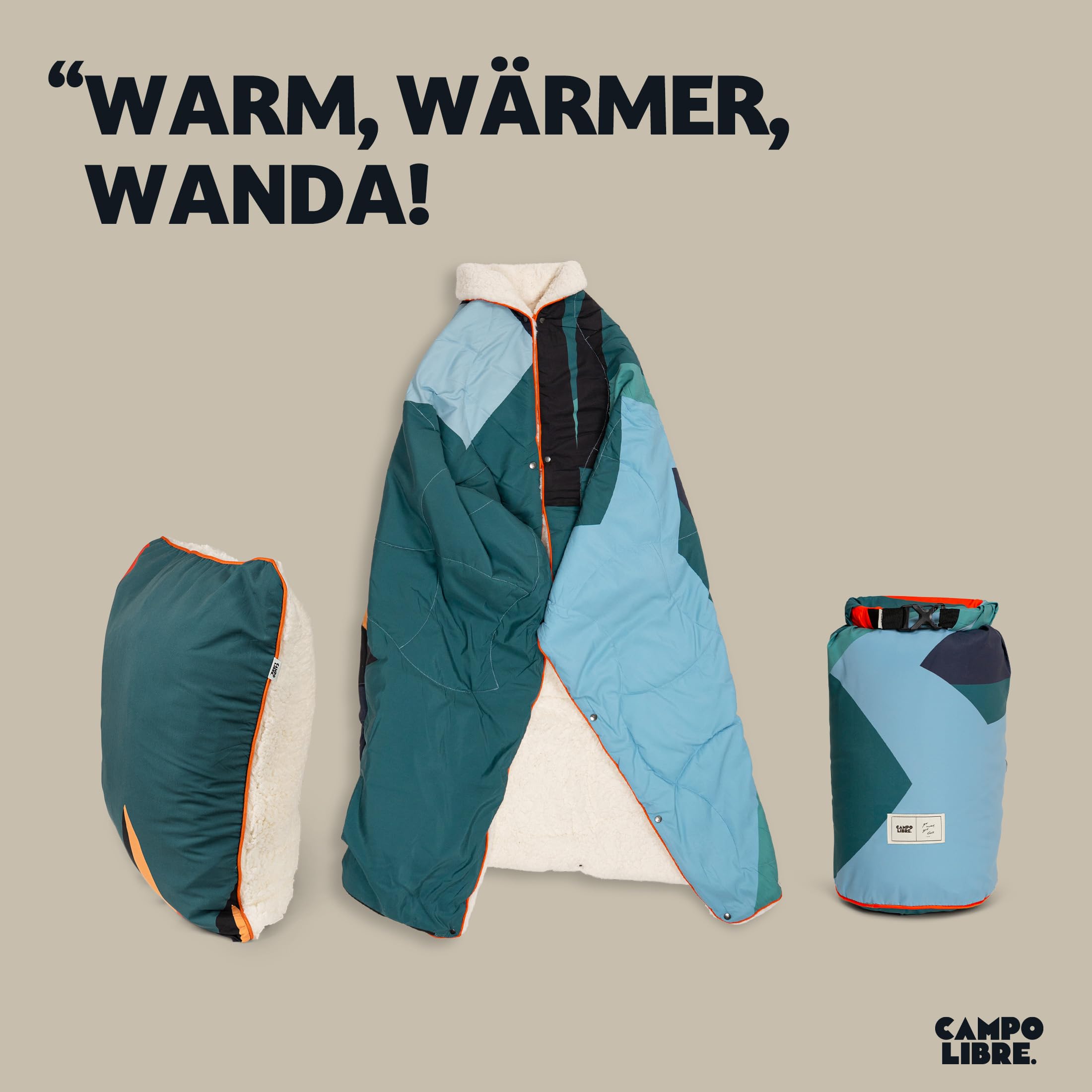 Campo Libre.® Wanda I multifunktionale Campingdecke I 4 in 1 - Decke, Schlafsack, Kissen, Poncho I Thermodecke Outdoor I ultraleichte Reisedecke I weiches Sherpa- Fleece I 100% recycelte Materialien