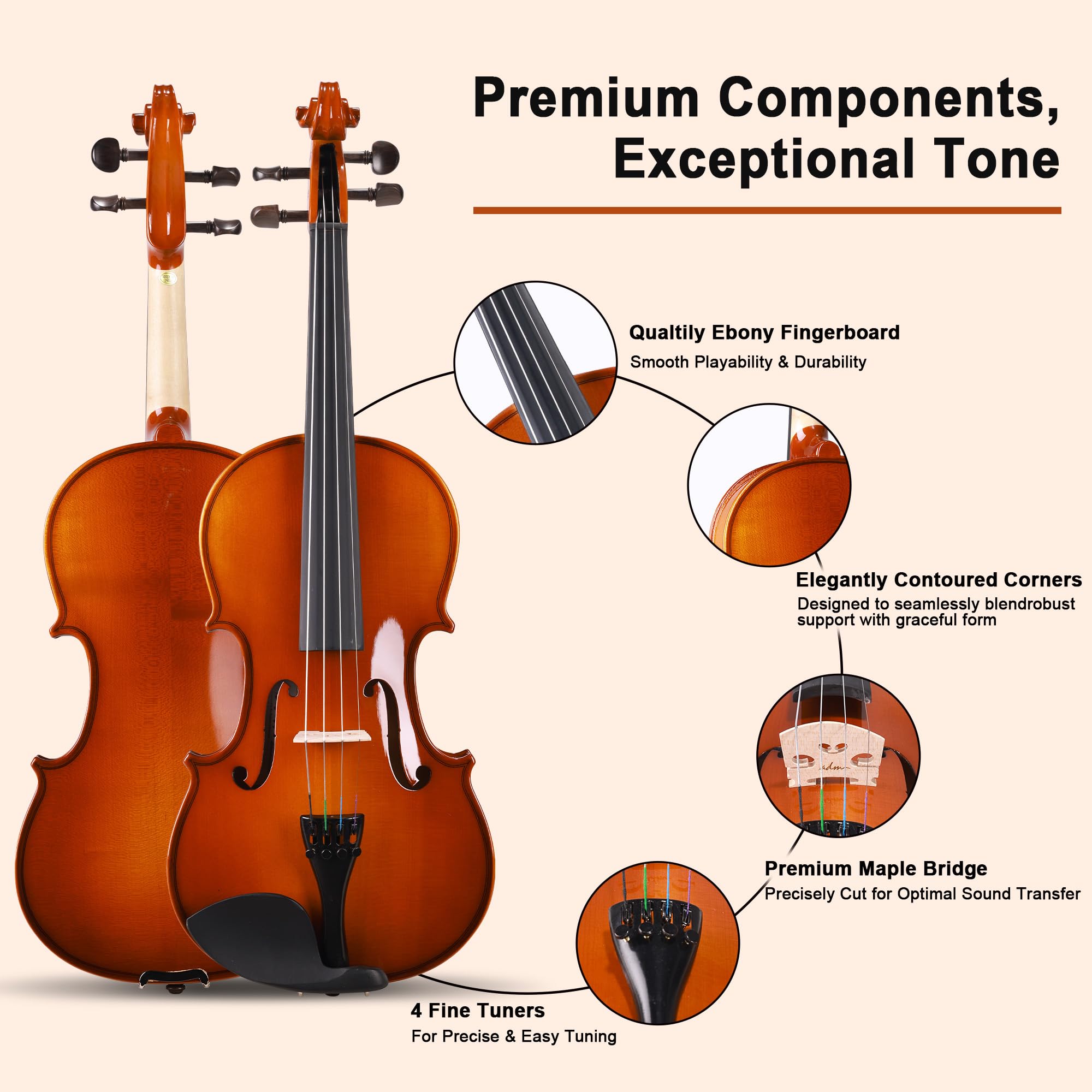 ADM Violino acustico per principianti 4/4, set di violino in legno massello di ebano, per adulti, adolescenti, studenti, starter kit con custodia rigida, spalliera, arco, leggio musicale, corde