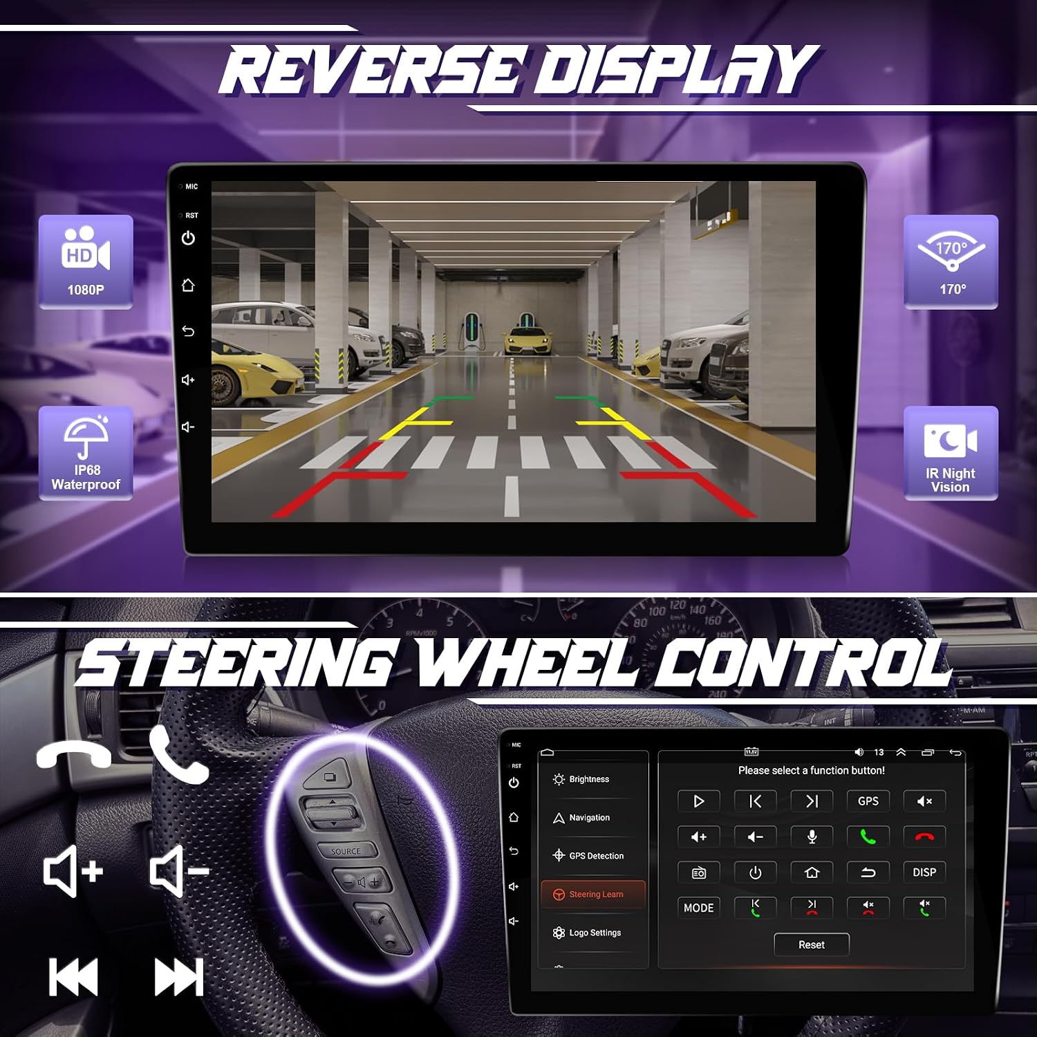Car radio screens showing Bluetooth music playback interface and a phone call interface with a dial pad.