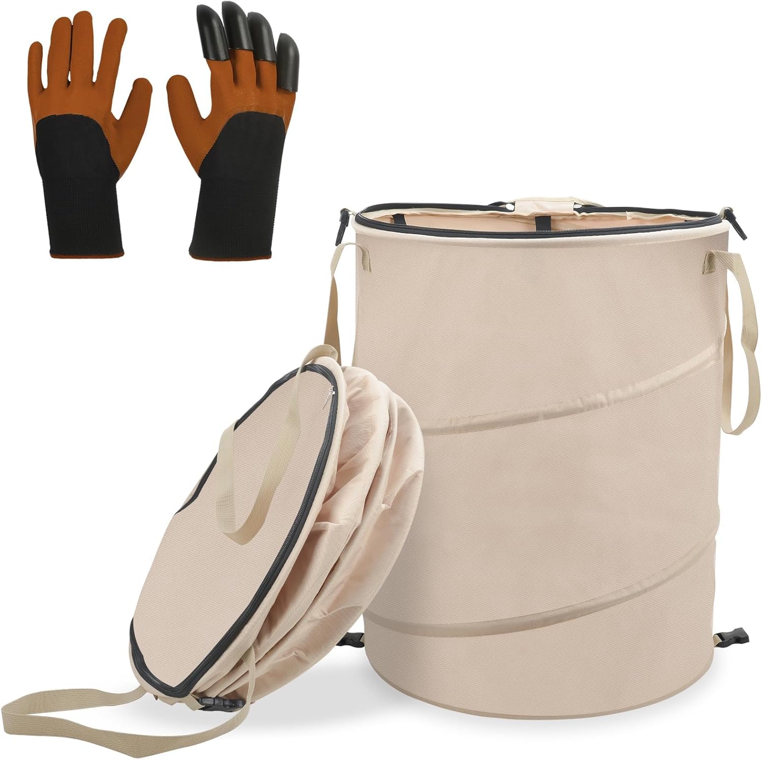 24 Gallons Collapsible Reusable Bags with Gloves, Camping Trash Can with Lid, Pop Up Garbage Can for Outdoor, Large Capacity Leaf Bags for Yard, Lawn, Reusable Garden Garbage Bag - Brown