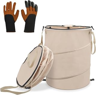 24 Gallons Collapsible Reusable Bags with Gloves, Camping Trash Can with Lid, Pop Up Garbage Can for Outdoor, Large Capacity Leaf Bags for Yard, Lawn, Reusable Garden Garbage Bag - Brown