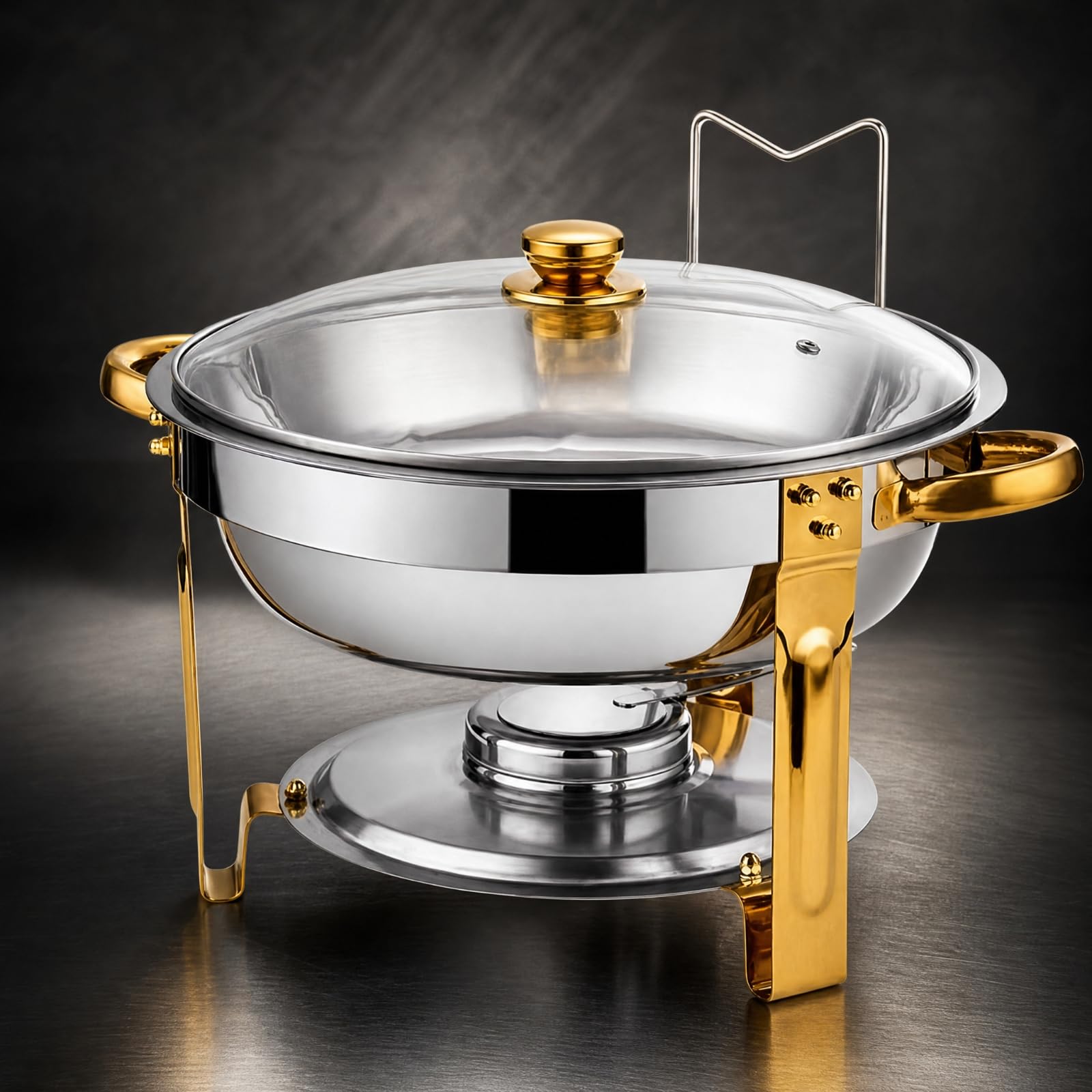 Milageto Chafing Dish Redondo 4,5 Litros con Tapa Chafing Dish con Banja Agua y smontable Chafer Acero Inoxidable, Plata
