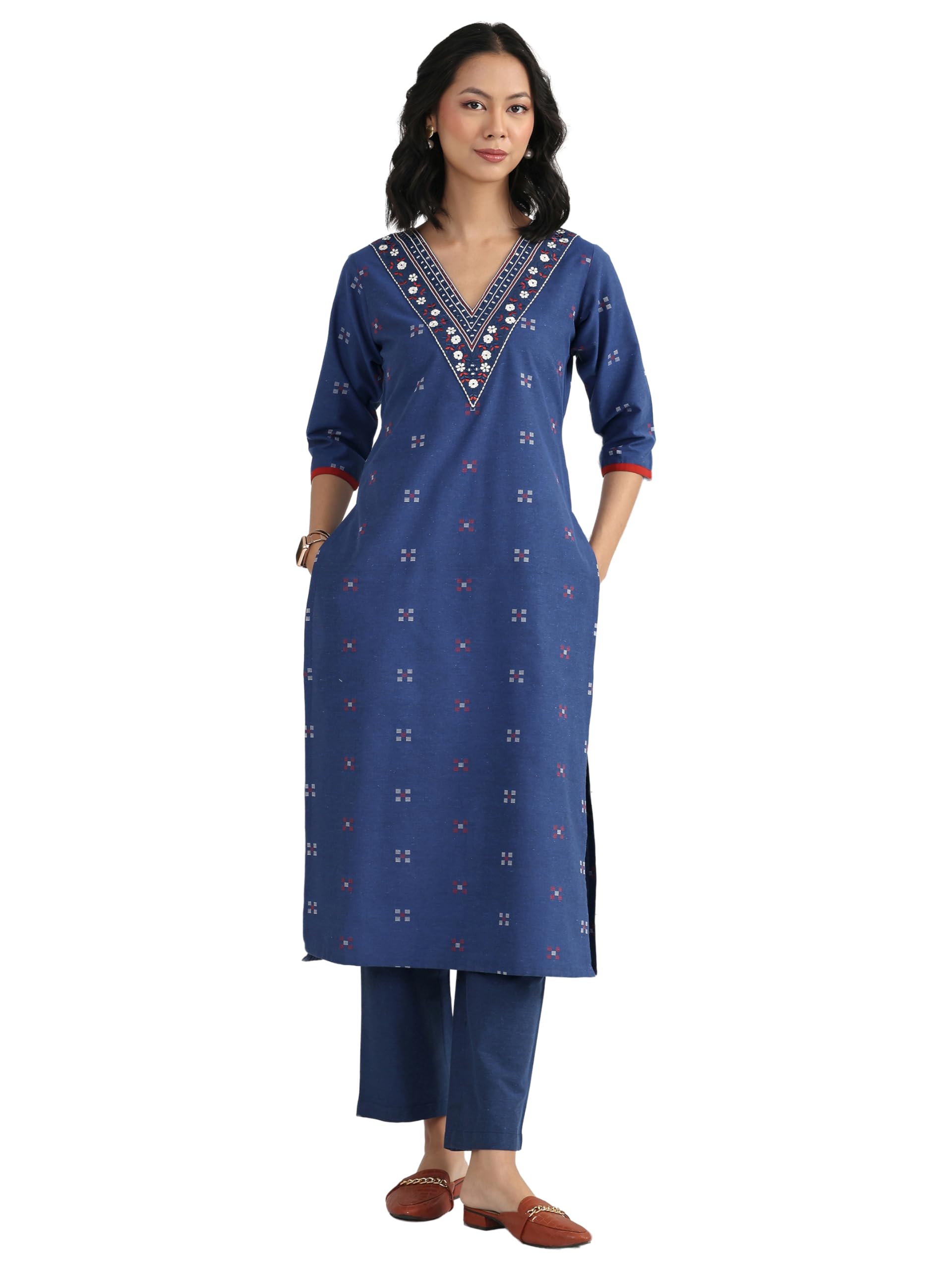 Self Design Cotton Blend Straight Kurta With Trouser-image-12