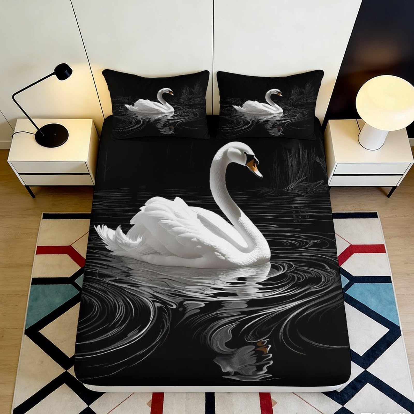 3D Printed White Swan Fitted Sheet Microfiber Soft Black Lake Reflection Mattress Cover for Bedroom Guest Room Decor 90x200x25cm