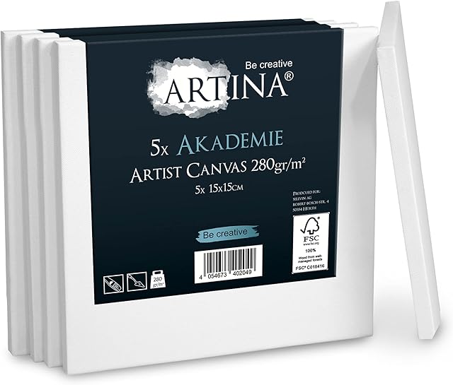 Artina FSC Canvas Set 5pcs Akademie 15x15 cm  100% Cotton Canvas Stretcher Frame 280 g/m² - Blank Canvases for Art for Acrylic, Watercolour & Oil Painting
