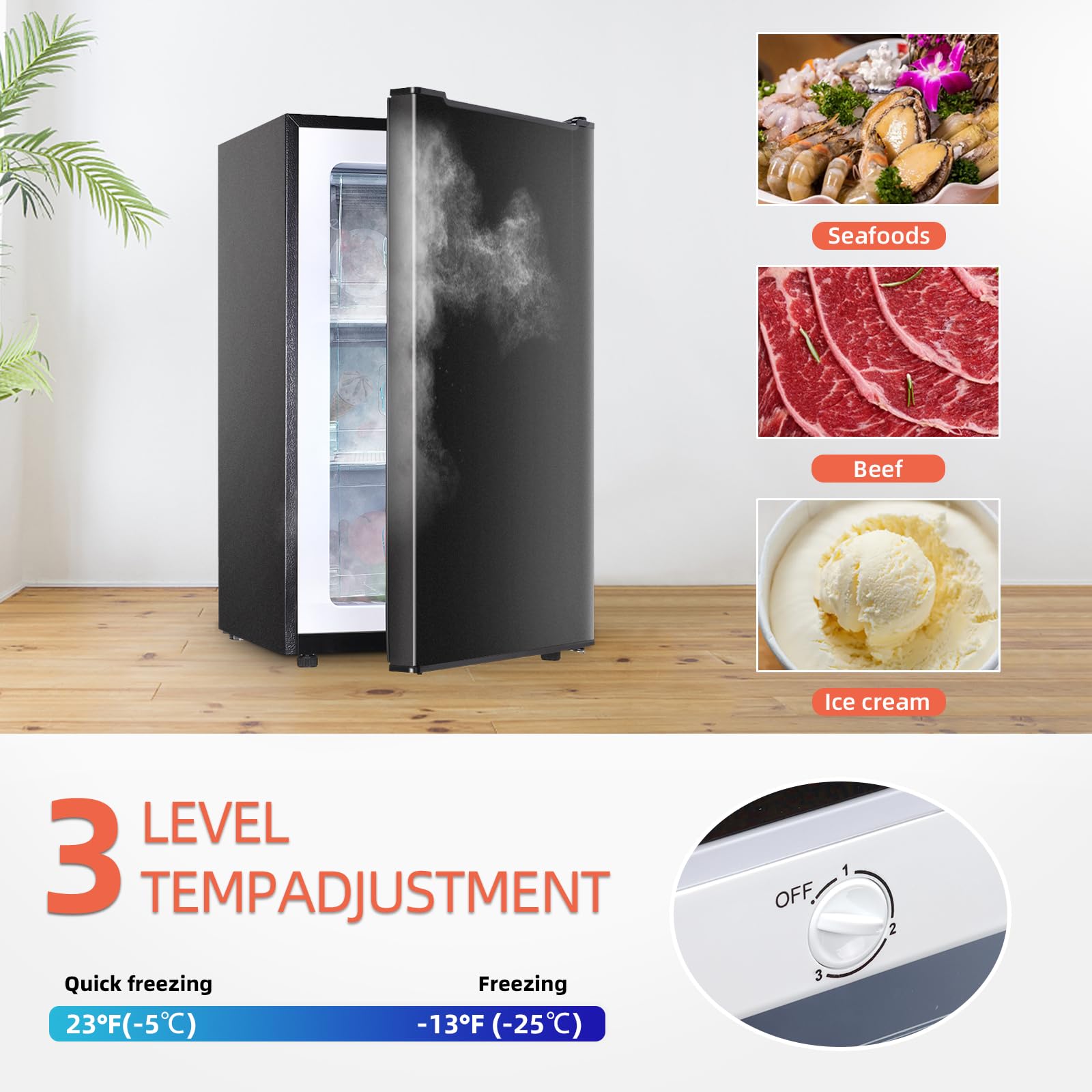 Maine 3.0 Cu.Ft Upright Freezer, Mini Freezer With 3 Adjustable Thermostat, Single Door Compact Freezer With Reversible Door For Kitchen Apartment Office, Black on Fridge.com - View 4