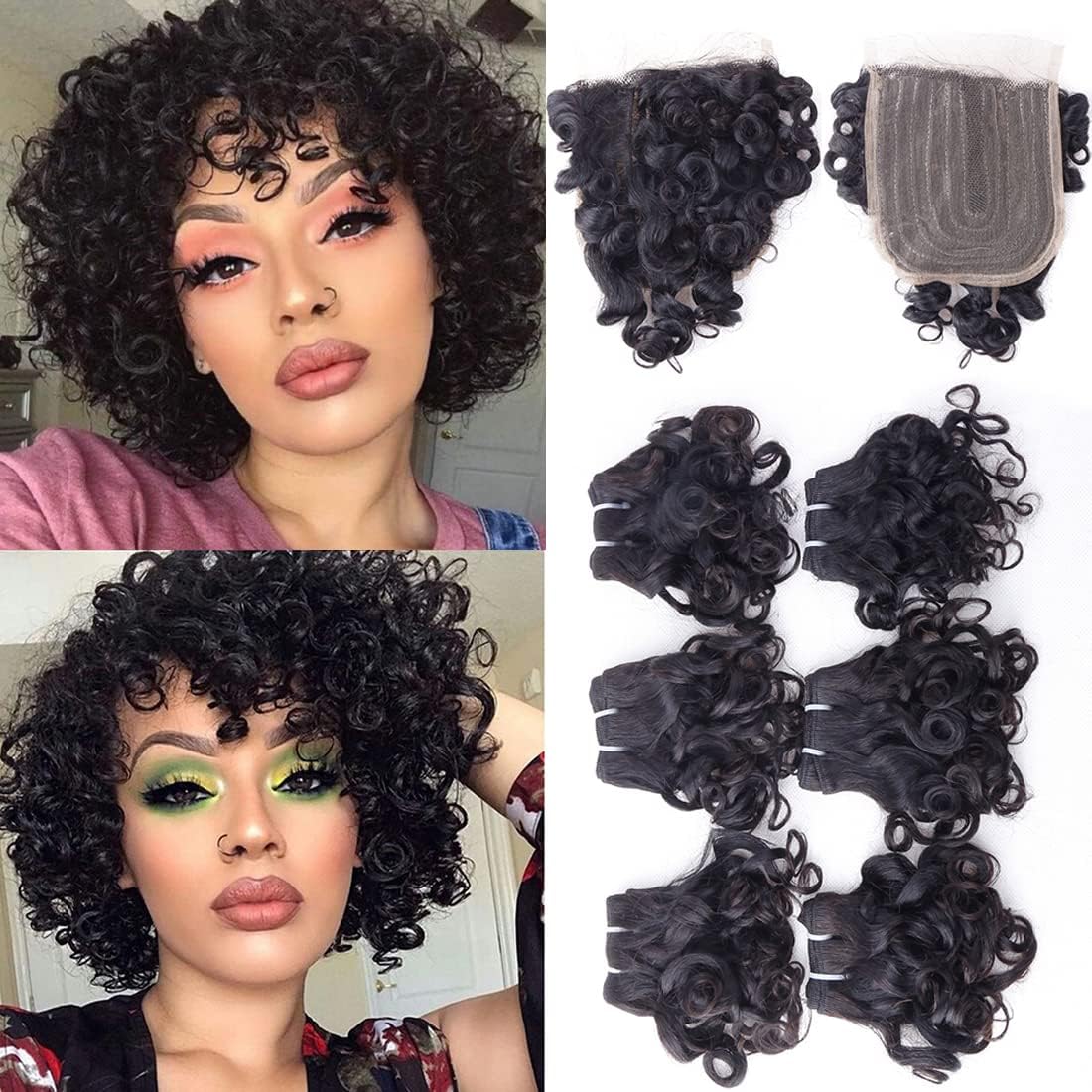 Peruvian Curly Hair Bundles Short Bob Wavy Curly Human Hair Bundles with Closure 10A Ocean Weave 6 Bundles with Closure 25g/Bundle(8"x6+8") Unprocessed Virgin Hair Bundle Natural Color