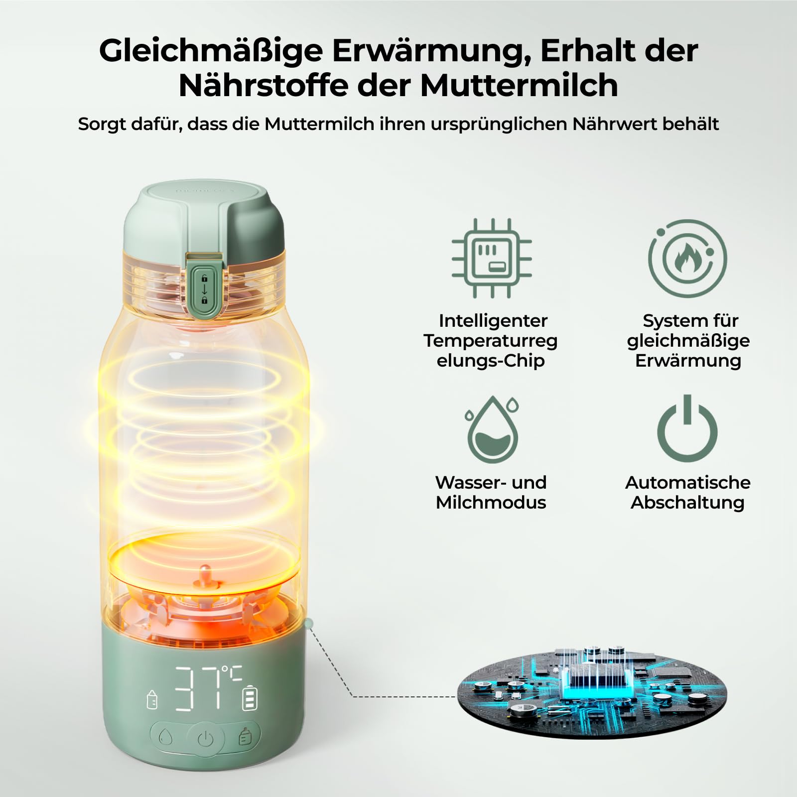 Momcozy MW05 Tragbarer Flaschenwärmer Baby 500ml Kapazität Akku TÜV-CE zertifiziert Schnellaufheizen 3 Min BPA-frei USB-C Kabel Grün