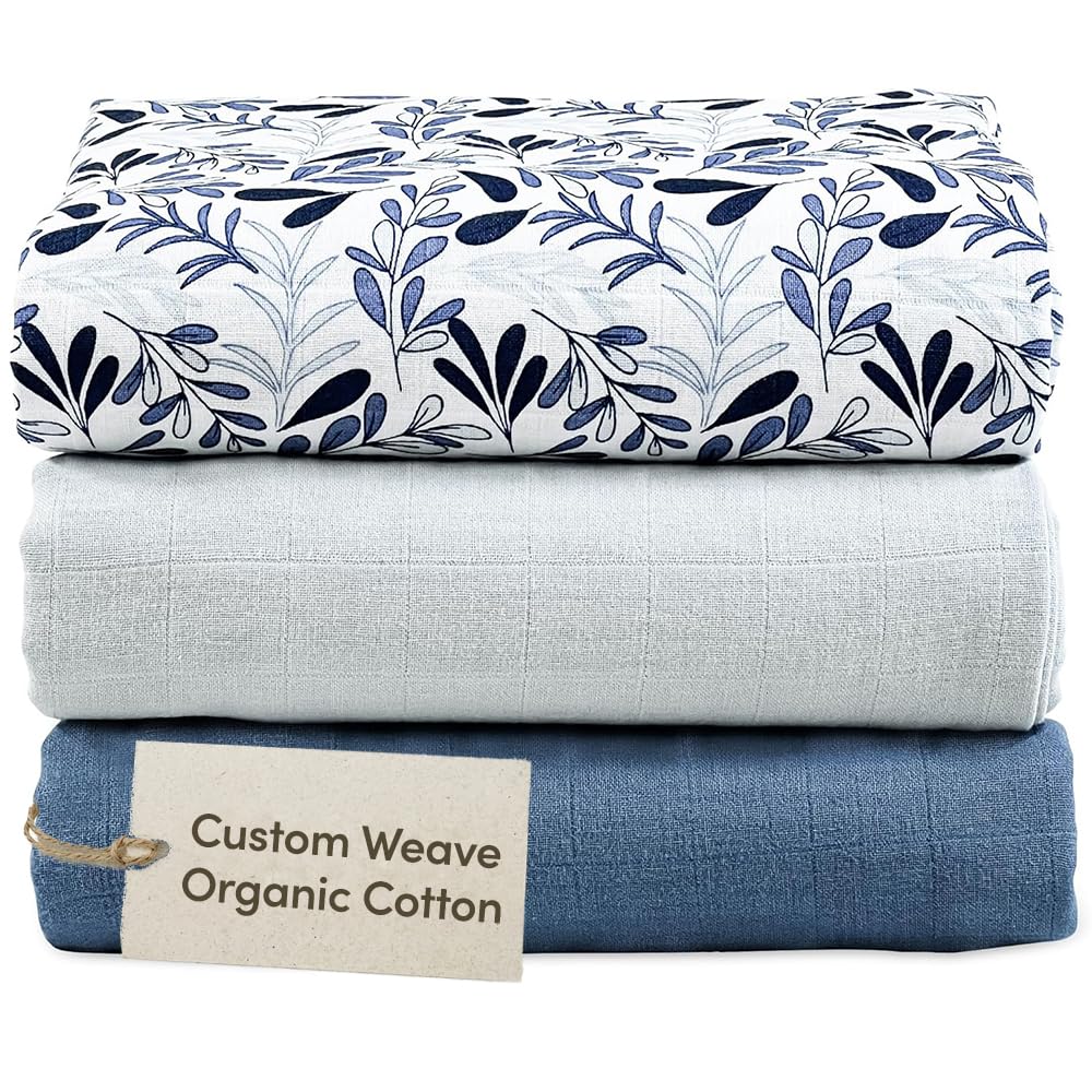 MOZAH Organic Muslin Swaddle Blankets - Grey, Blue and Blue Leaves - 3 Pack - for Baby Boy or Girl - Ideal for Newborns, Toddlers & Registry